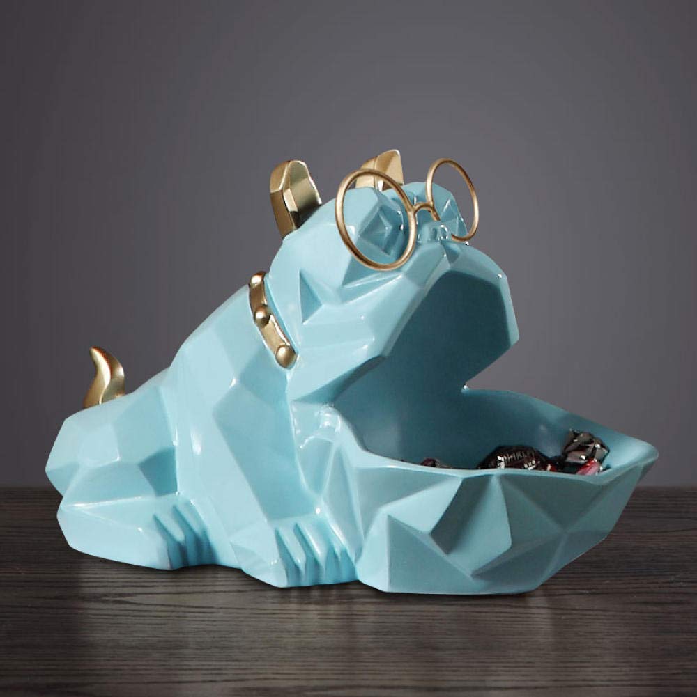 Unique Blue Geometric Bulldog Snack Holder Statue - Creative Animal Sculpture for Home & Office Decor, Desktop Bookshelf Display, Gift Idea | Perfect for Living Room, Workspace & Party Snack Serving