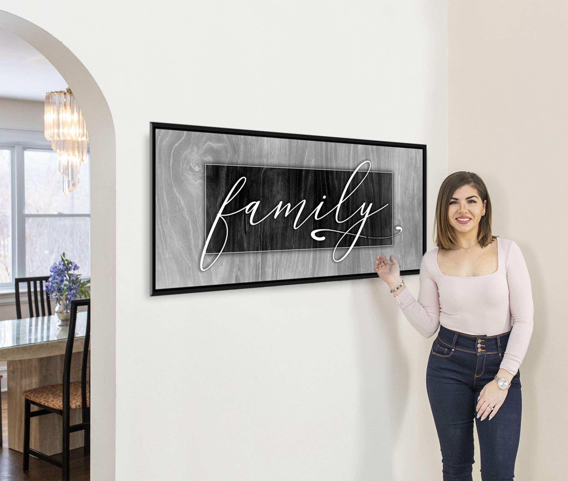Farmhouse Family Sign Wall Decor - Rustic Hanging Home Art with Grey & Black Floating Frame (42x19) - Perfect for Living Room, Entryway, or Bedroom Decor