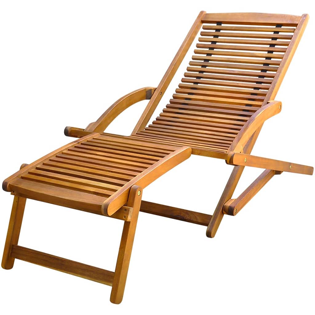 Outdoor Wooden Lounge Chair Folding Chaise - Solid Acacia Wood Recliner with Adjustable Footrest for Beach, Yard, Pool & Patio - Light Oil Finish - Perfect for Relaxing in Sun, Backyard Lounging & Vacation Getaways