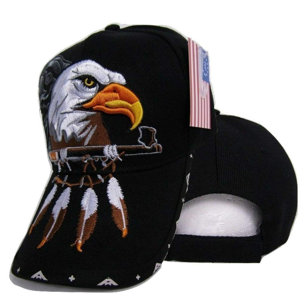 Native Pride American Indian Eagle Herb Pipe Shadow Black Embroidered Cap Hat - Handmade Tribal Design for Smokers & Collectors | Perfect for Powwows, Festivals & Cultural Events