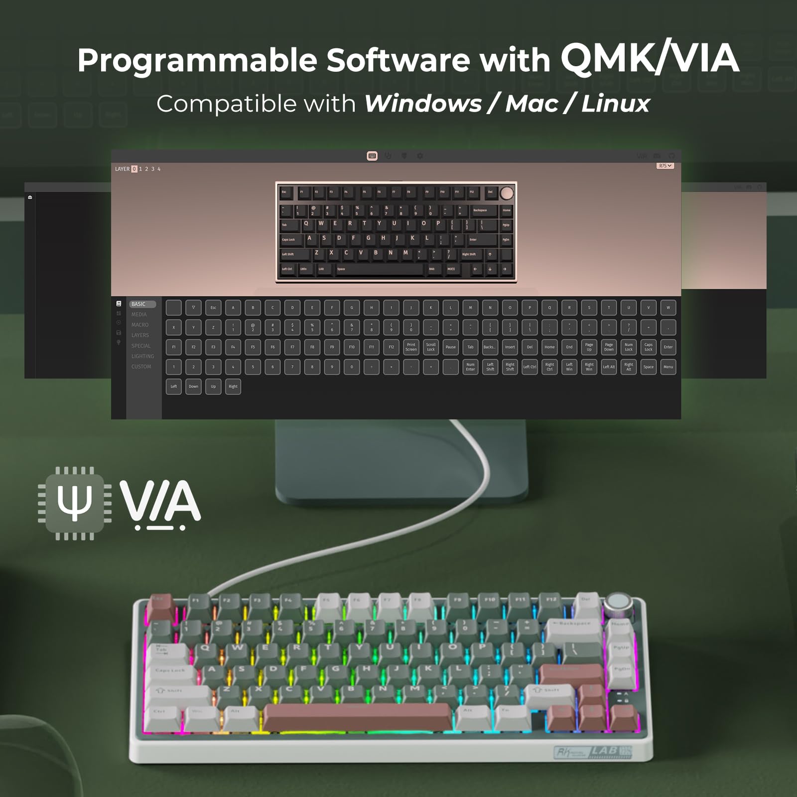 RK ROYAL KLUDGE R75 75% Wireless Mechanical Gaming Keyboard - RGB Backlit, Hot Swappable Cream Switch, Gasket Mount, BT5.1/2.4GHz/USB-C with Knob & PBT Keycaps | Perfect for PC Gaming, Office Work & Typing Enthusiasts