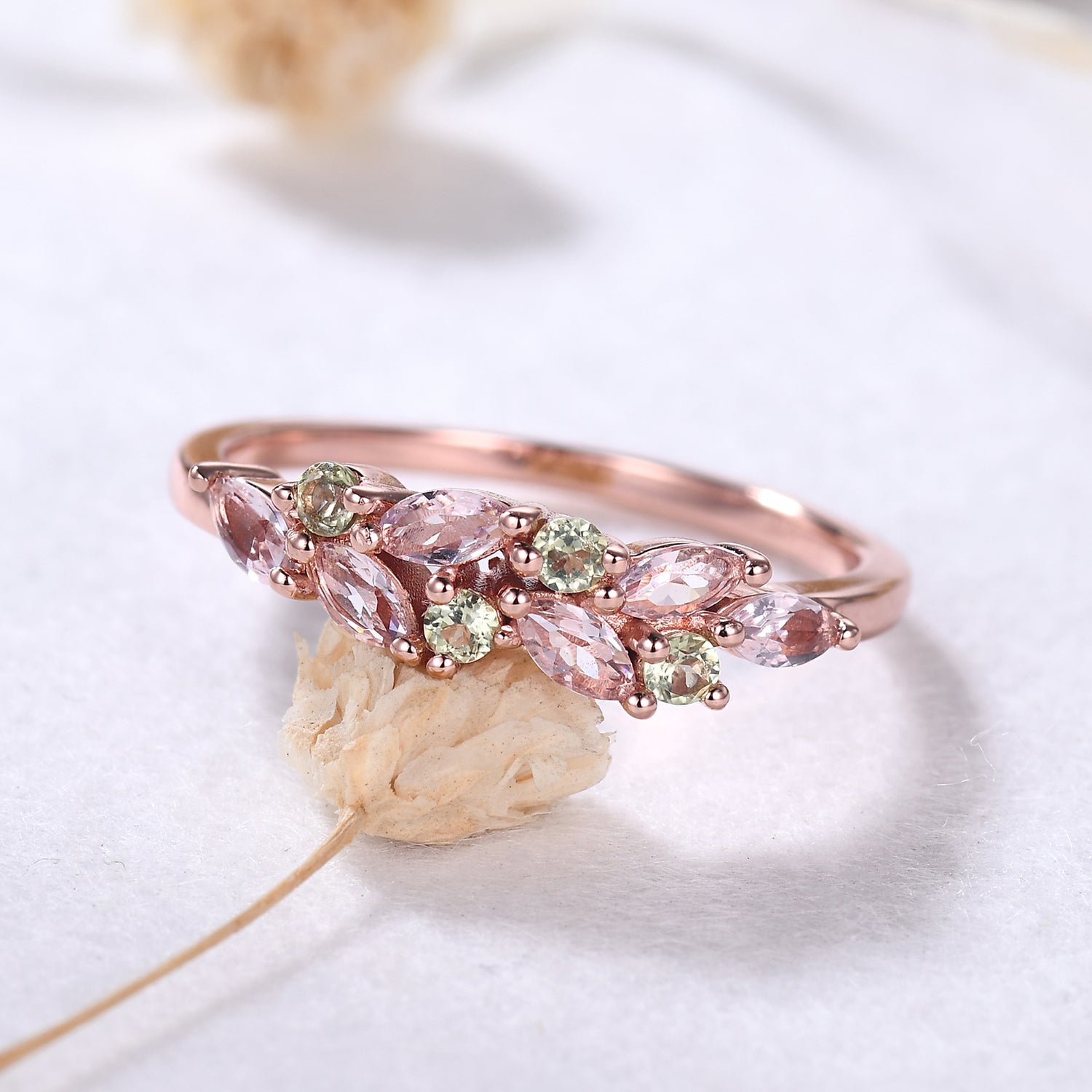 14k Rose Gold Morganite Peridot Cluster Wedding Band for Women - Elegant Dainty Engagement Ring, Promise Ring or Anniversary Jewelry Gift