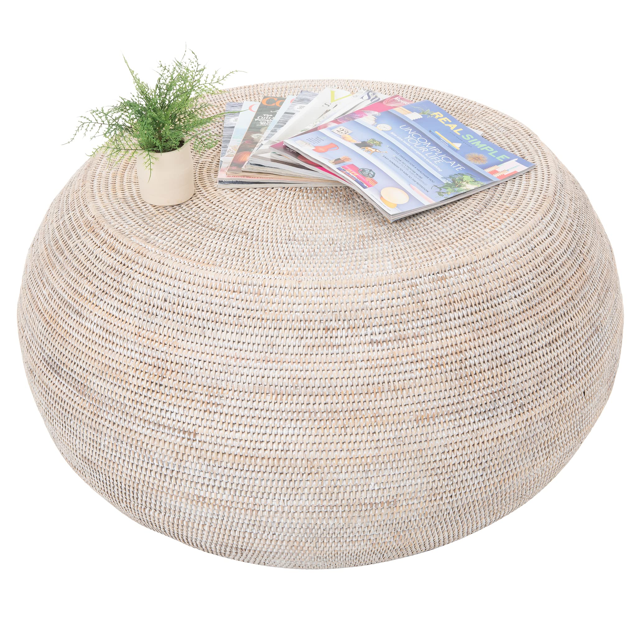 KOUBOO La Jolla Round Rattan Coffee Table - Natural Woven Drum End Side Table for Living Room, Bedroom & Patio - Whitewashed Boho Home Decor - Perfect for Cozy Seating Areas & Outdoor Spaces