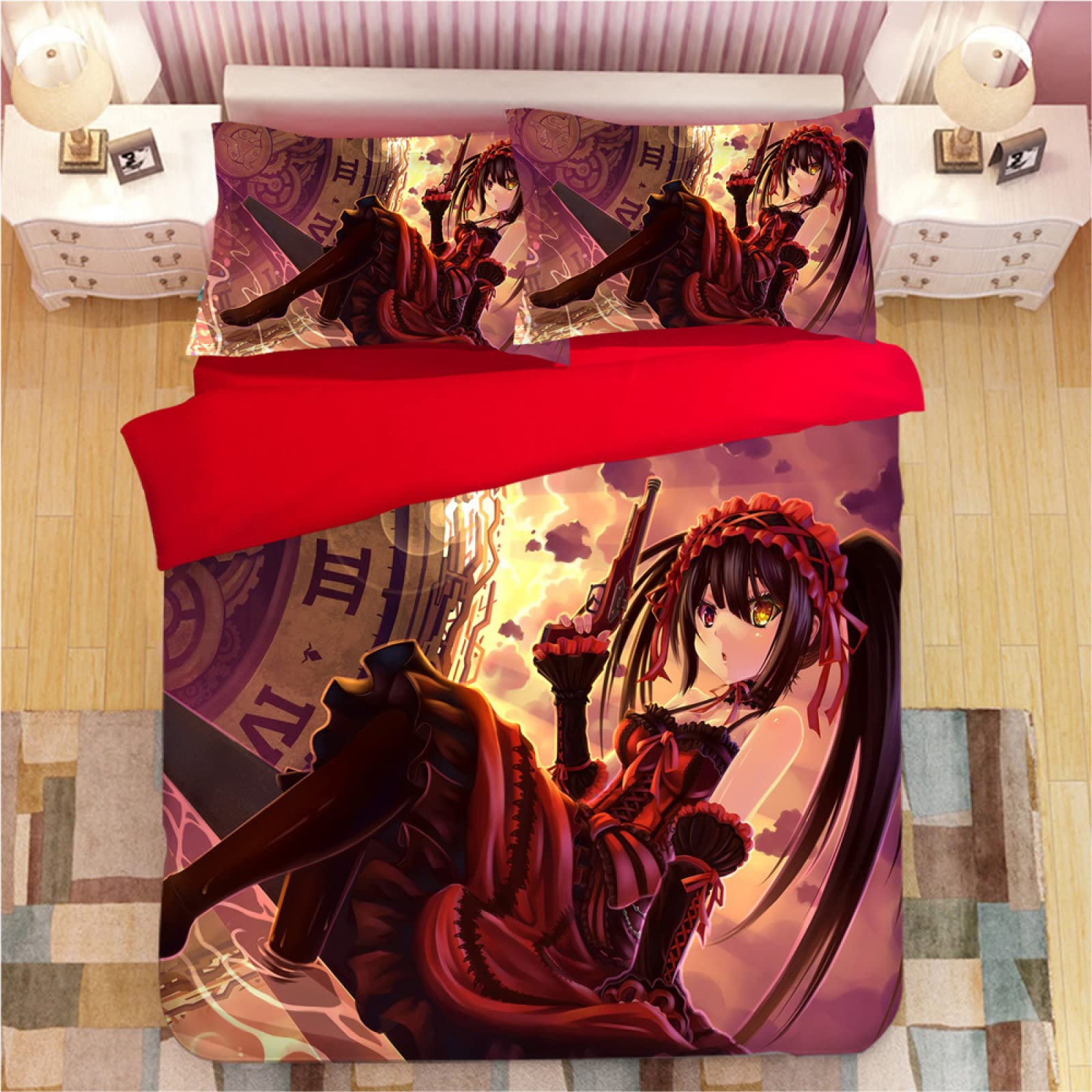 Tokisaki Kurumi Anime Sexy Girl Print Microfiber Duvet Cover Set - Japanese Style Queen/King Size 3-Piece Bedding Set with Pillowcases | Soft & Breathable for Home, Dorm, Gift | Perfect for Anime Fans & Otaku Bedroom Decor