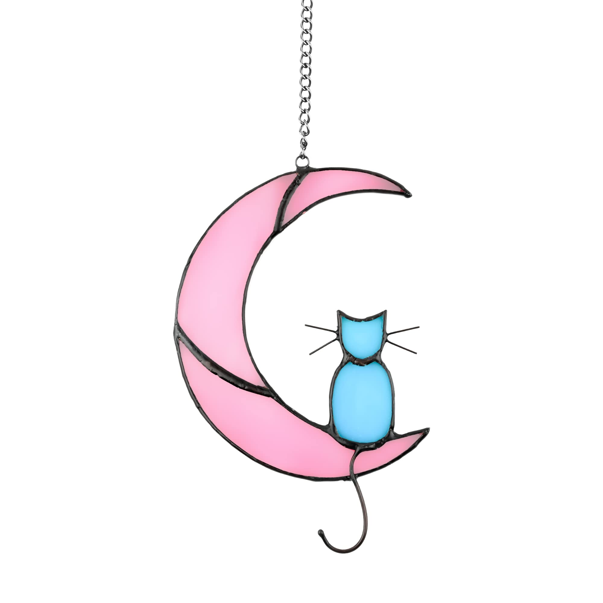 Zedesey Stained Glass Cat Memorial Gift - Blue Cat on Pink Moon Window Hanging Ornament, Garden Suncatcher for Cat Lovers | Perfect for Home Decor, Pet Loss Remembrance, and Unique Gifts for Women