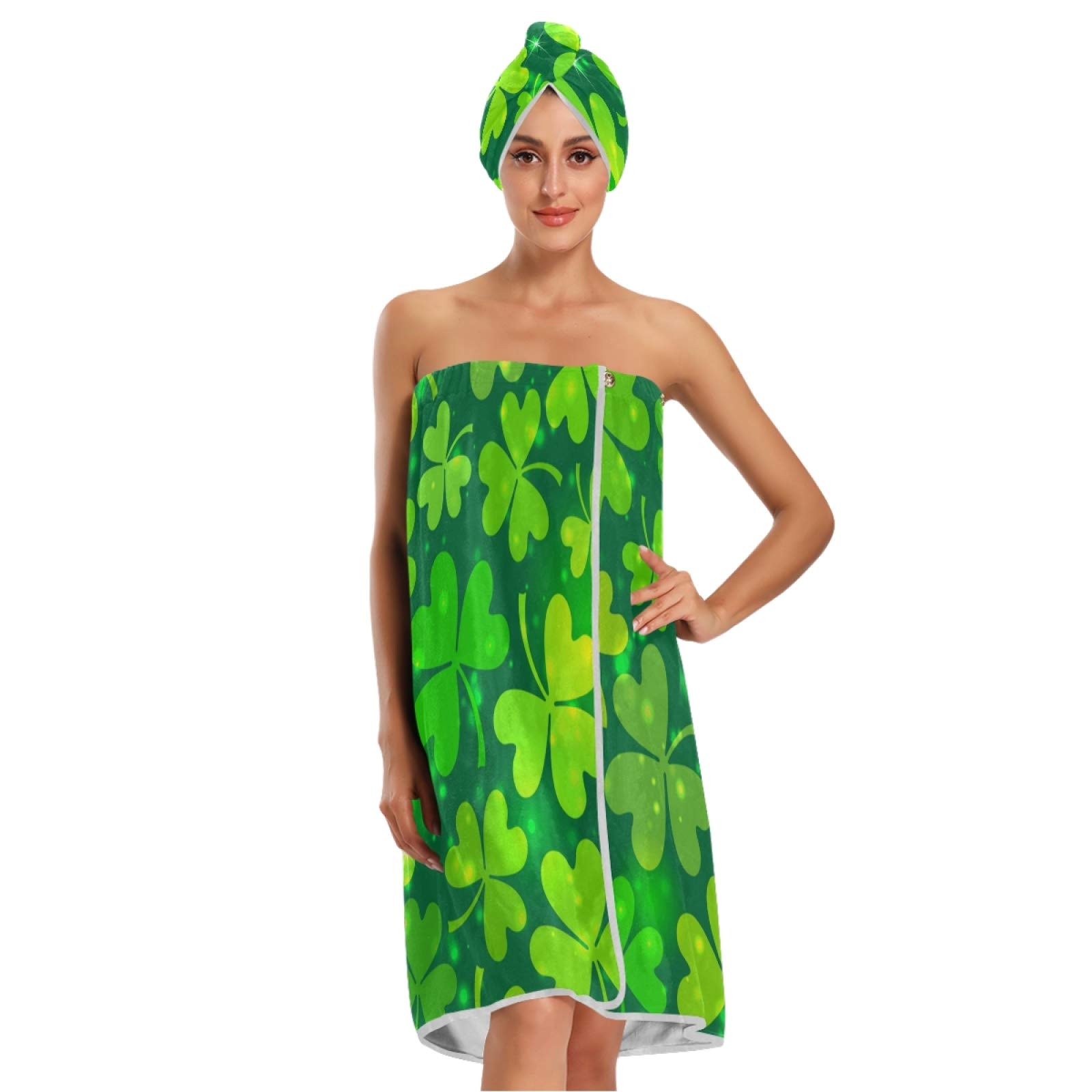 Qilmy Adjustable Easter Day Bath Towel Head Wrap Set for Women - Soft Spa Bathrobe, Wearable Bathing Tube Dress & Shower Cover Up - Perfect for Easter Gifts, Spa Days & Home Relaxation (Green Clovers)
