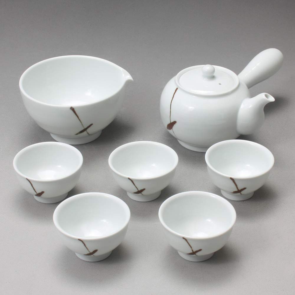 Premium Korean White Porcelain Bamboo Leaf Tea Set - 11.8oz (350ml) Ceramic Teapot with Side Handle, Cups & Cooling Pitcher - Complete Tea Ceremony Gift Set for Home, Office & Traditional Korean Tea Parties