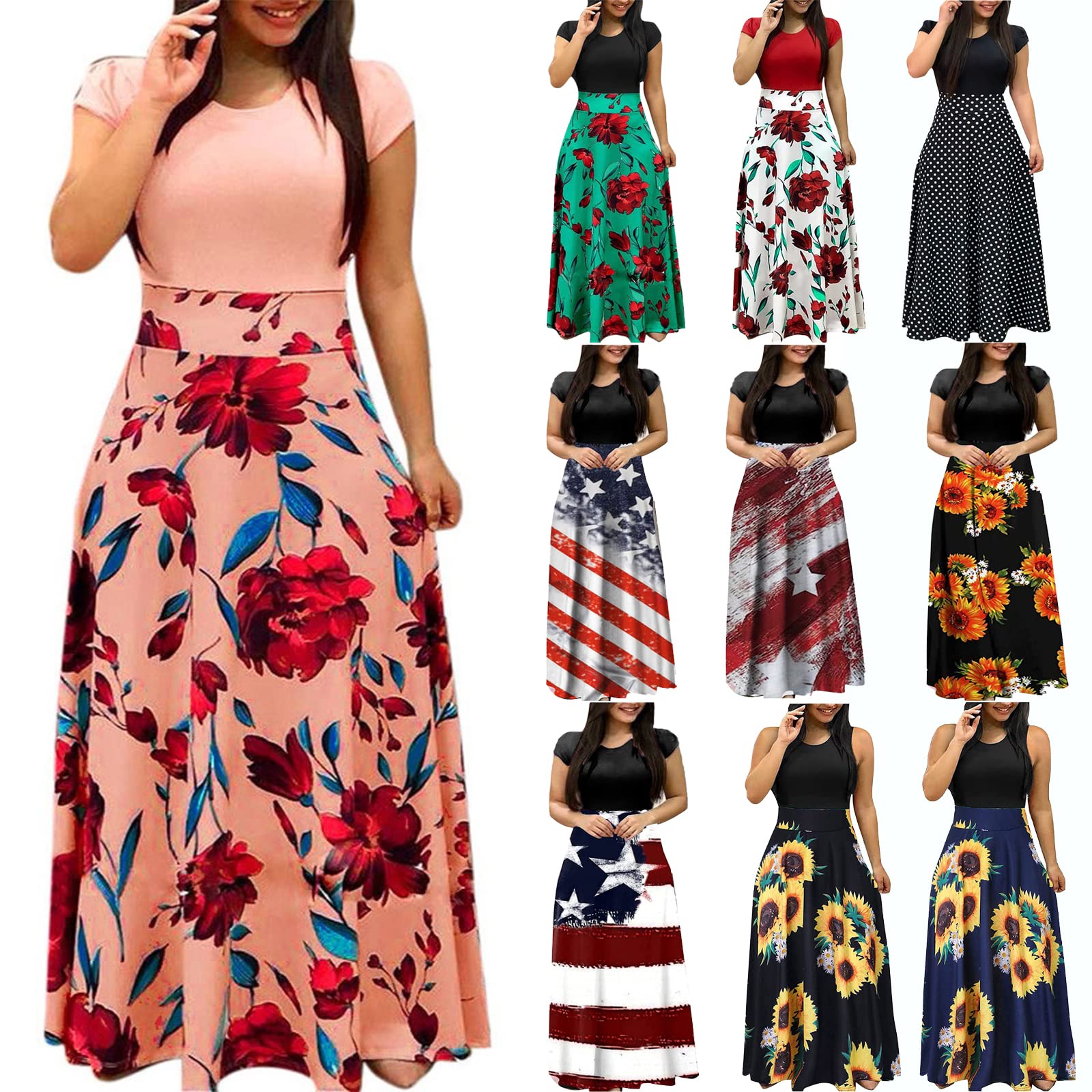 2024 Women's Summer Dresses - Floral Printed Short Sleeve Formal Graduation Dress Plus Size | Perfect for Beach Vacations, Garden Parties & Special Occasions