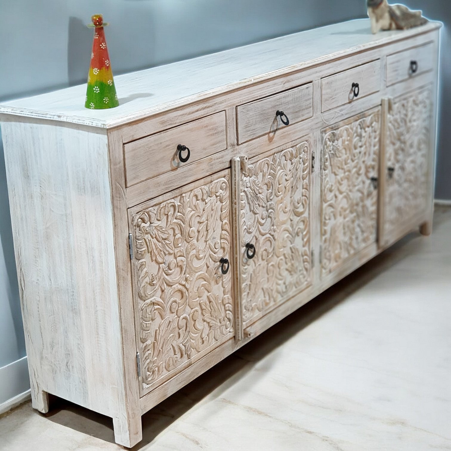 Handmade Carved Indian Mango Wood 4-Drawer 4-Door Sideboard Buffet Cabinet - Whitewashed Rustic Farmhouse Style for Dining Room Storage & Entryway Decor