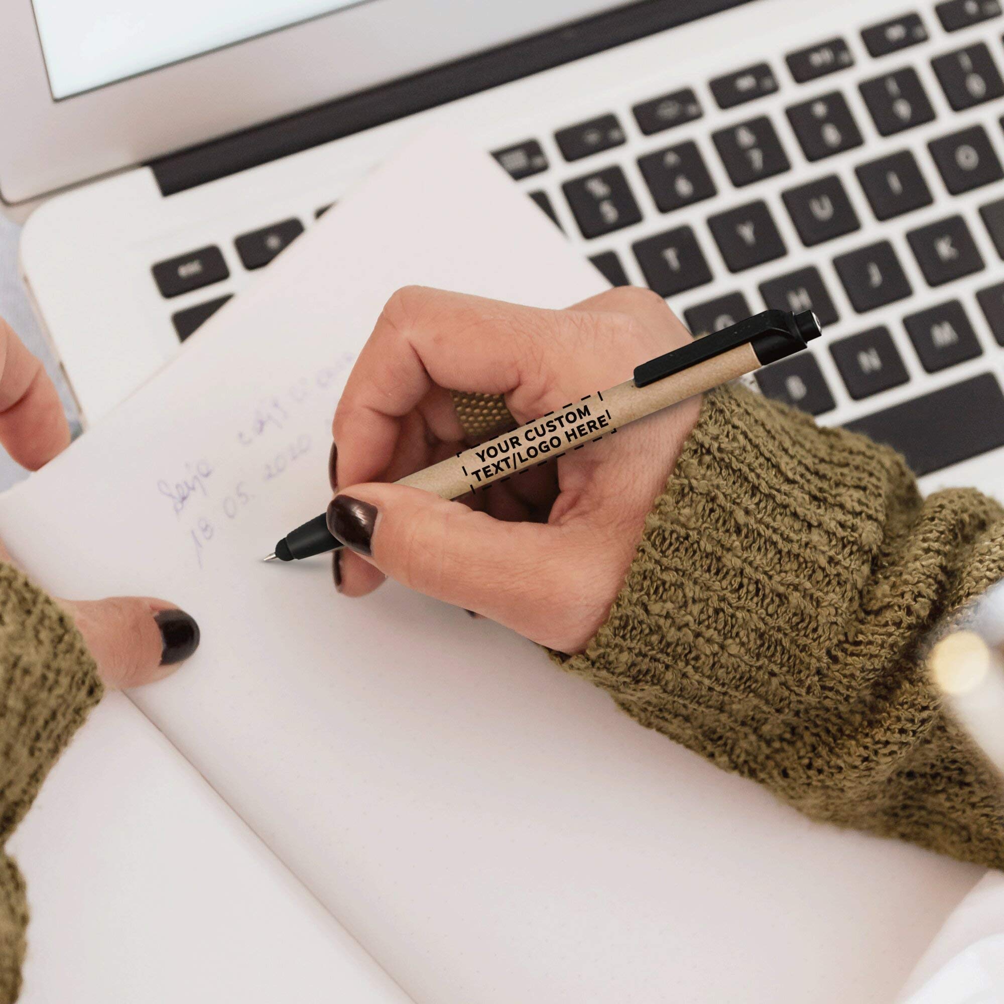 100 Pack Retractable Ballpoint Stylus Pens - Custom Printed with Text/Logo - Eco-Friendly Recycled Black Ink Pens for Office, School, Note-Taking & Digital Devices