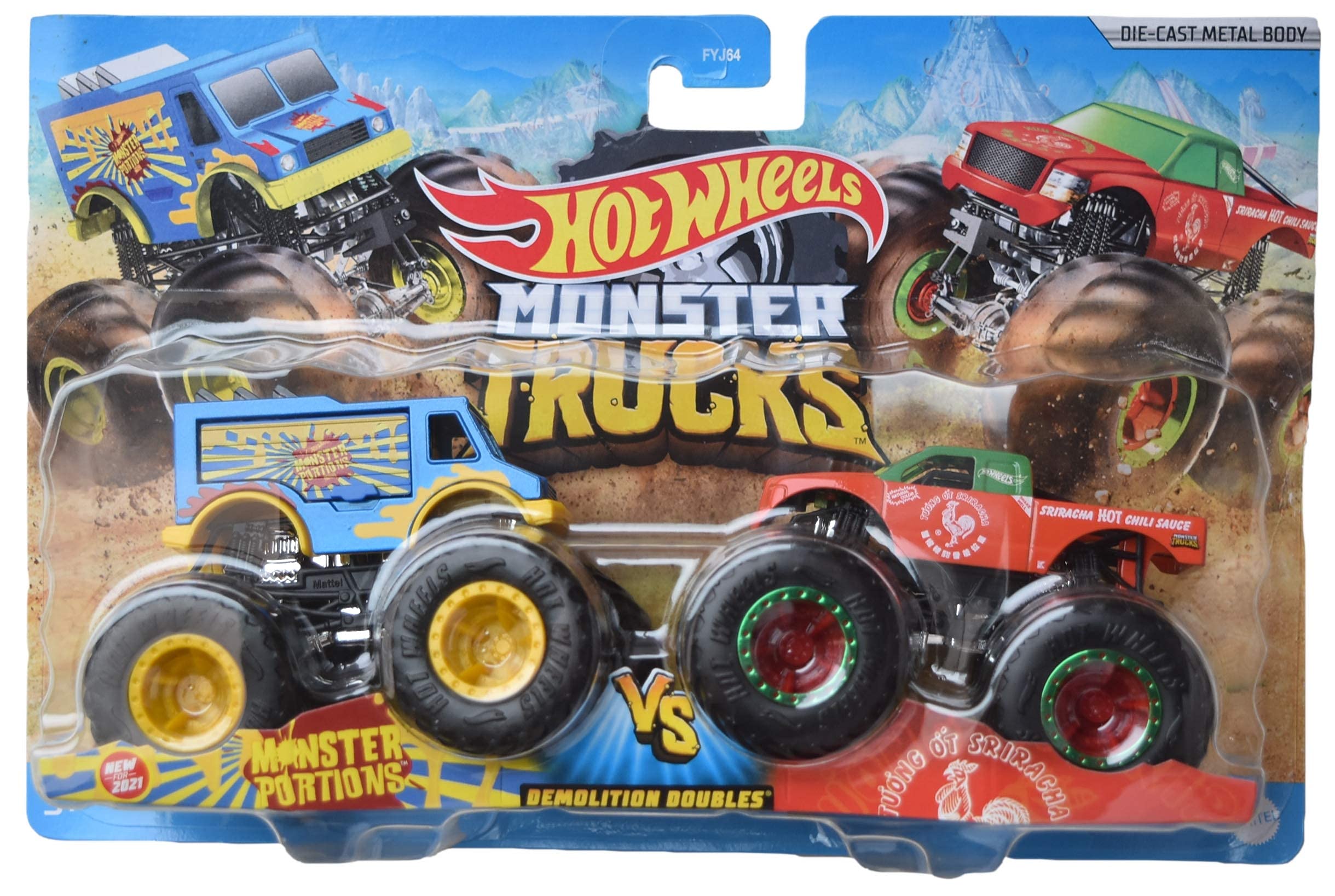 Hot Wheels Monster Trucks Monster Portions Vs Sriracha Demolition Doubles - Die-Cast Toy Cars for Kids & Collectors - Perfect for Racing, Stunt Shows & Playtime Battles