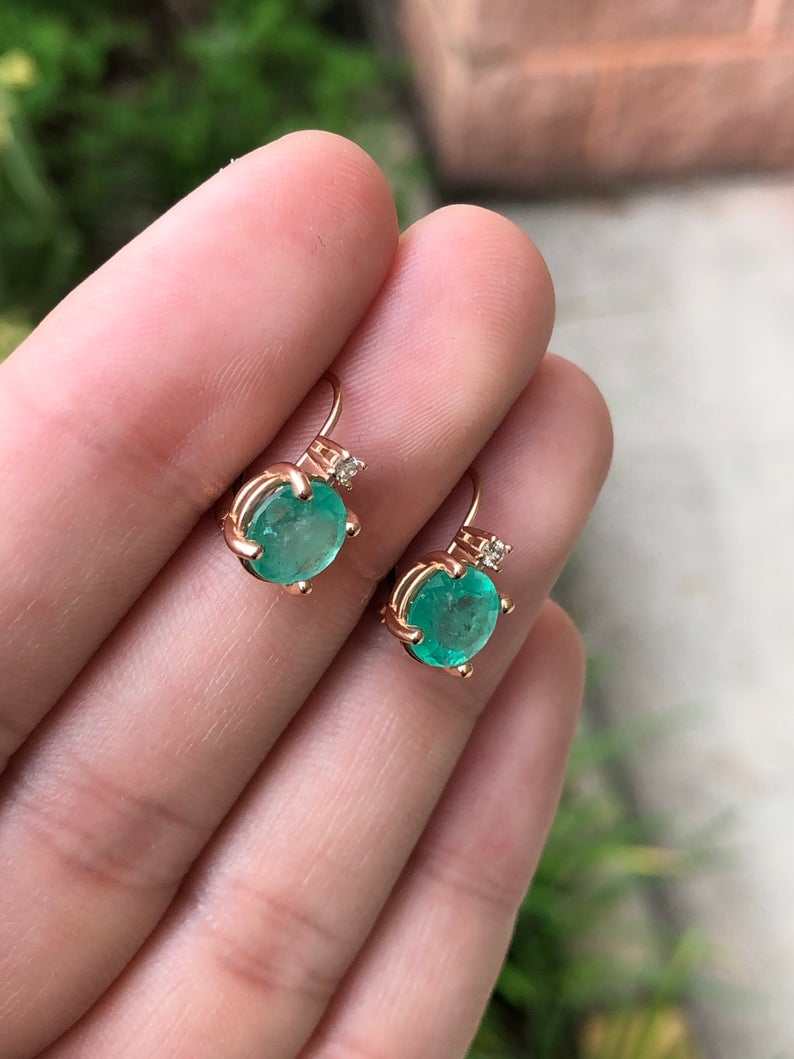 3.10tcw Round Colombian Emerald & Diamond Lever Back Earrings in 14K Gold - Elegant Jewelry for Weddings, Parties & Special Occasions