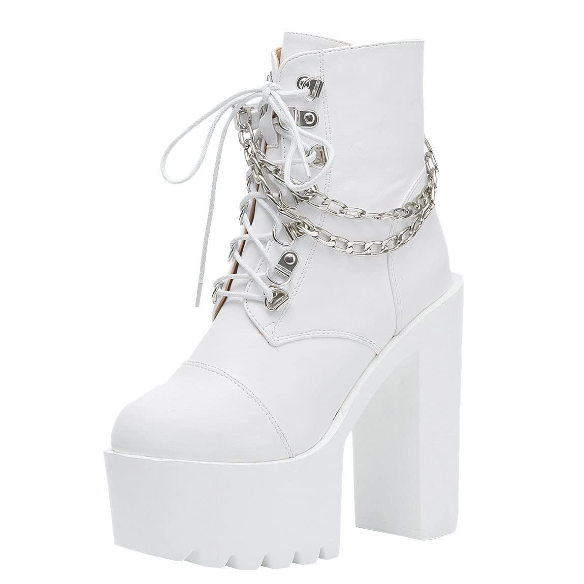 Trendenzy Women's Chunky Combat Boots - Lace Up Gothic High Heel Platform Booties with Chain Details | Perfect for Punk Fashion, Street Style & Night Out Outfits
