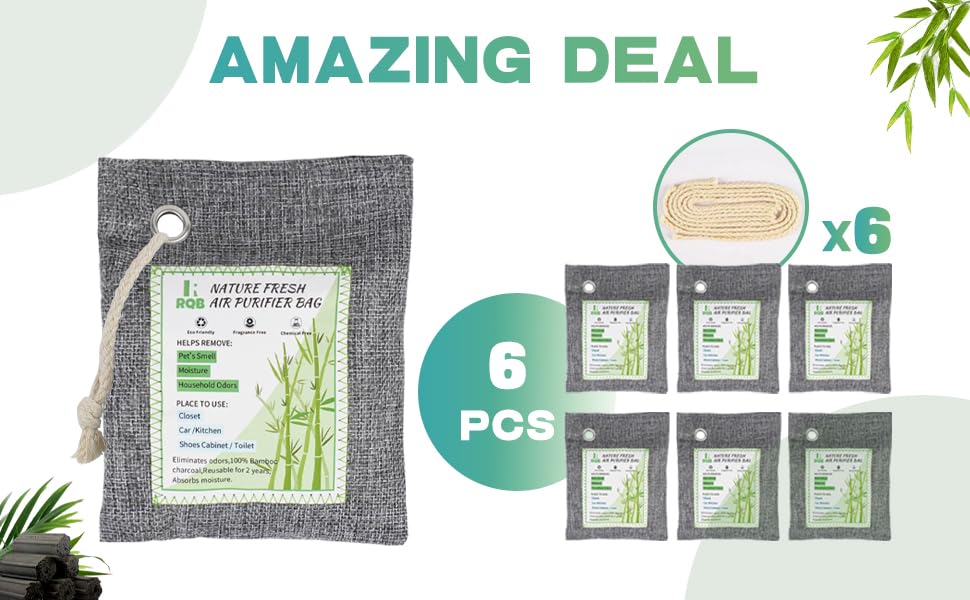 6 Pack Activated Charcoal Odor Absorber Bags - Natural Bamboo Charcoal Air Purifier for Home, Closet, Shoes & Car | Eliminates Odors, Moisture & Freshens Air | Ideal for Pet Areas, Gym Bags & Musty Spaces