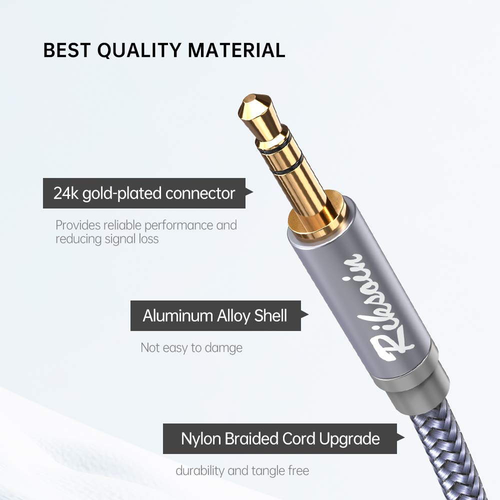 Premium 3.5mm Male to Male Aux Cable - Shielded Hi-Fi Audio Cable with Nylon Braiding for Crystal Clear Sound | Compatible with Headphones, Car Stereos, Echo Devices, Speakers, Android Phones & Home Audio Systems (10ft/3m, Grey) | Perfect for Road Trips, Home Entertainment & Music Streaming