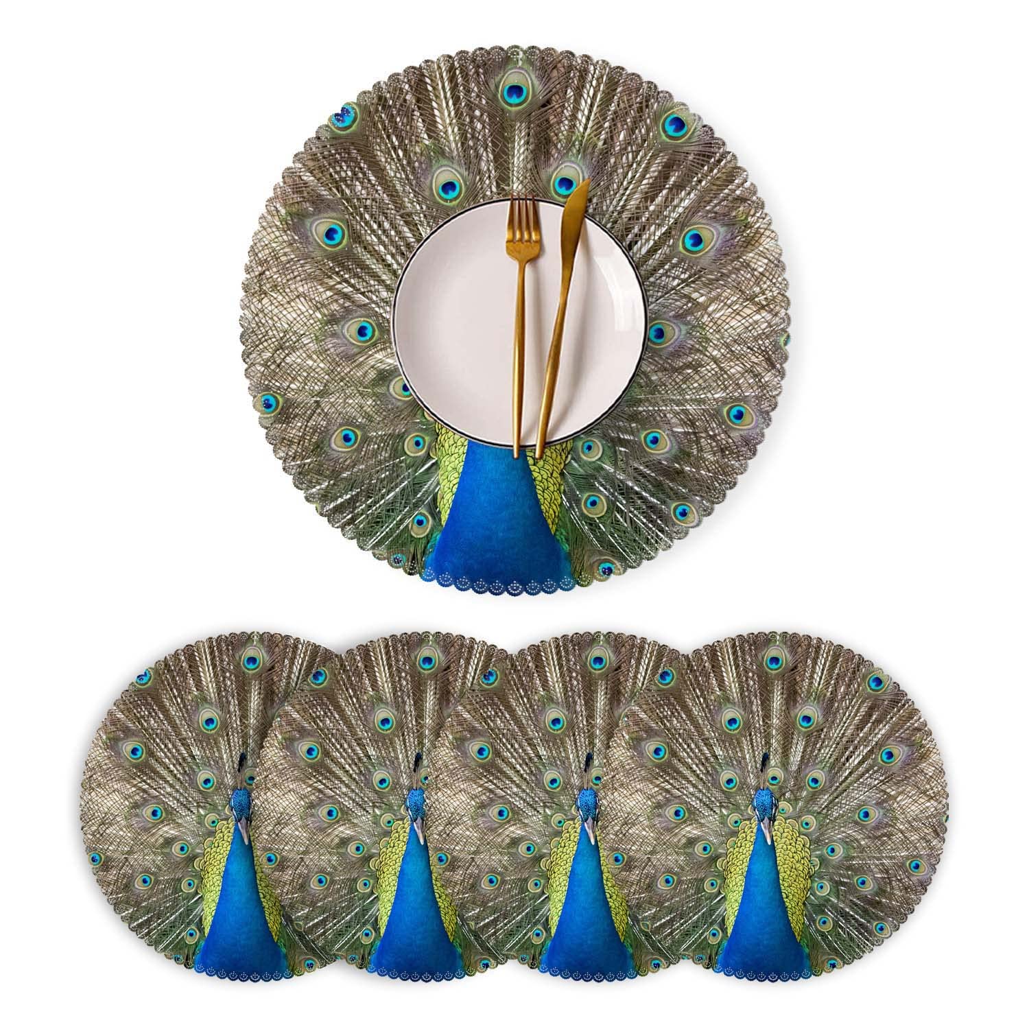Round Heat-Resistant Washable Polyester Placemats Set of 4 - Peacock Design for Kitchen & Dining Table Decor | Perfect for Everyday Meals, Dinner Parties, and Holiday Gatherings