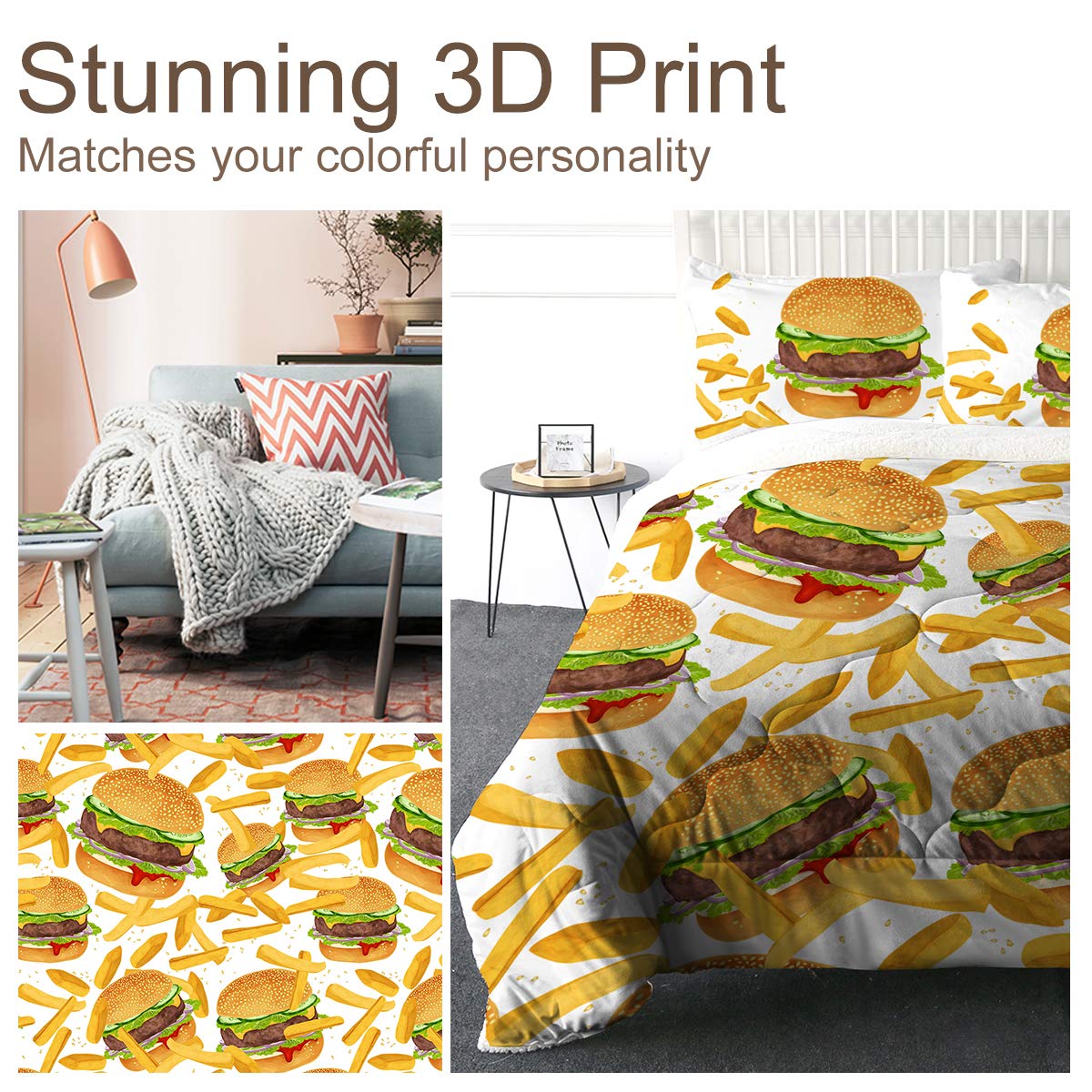 Super Soft Sherpa Comforter Set - Faux Fur Bedspread & 3D Lightweight Fuzzy Duvet Blanket with Polyester Filler - Includes 2 Pillow Shams (Hamburger Fries Print, Full Size) - Cozy Winter Bedding for Bedroom, Dorm & Guest Room