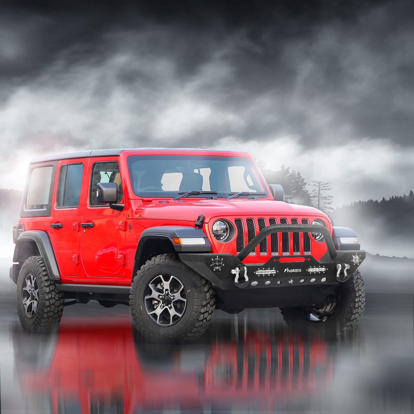 FINDAUTO Upgraded Textured Black Rock Crawler Front Bumper with D-Ring & Winch Plate | Compatible with 2007-2018 Jeep Wrangler JK | LED Light Bar Included | Off-Road Adventure & Heavy-Duty Protection