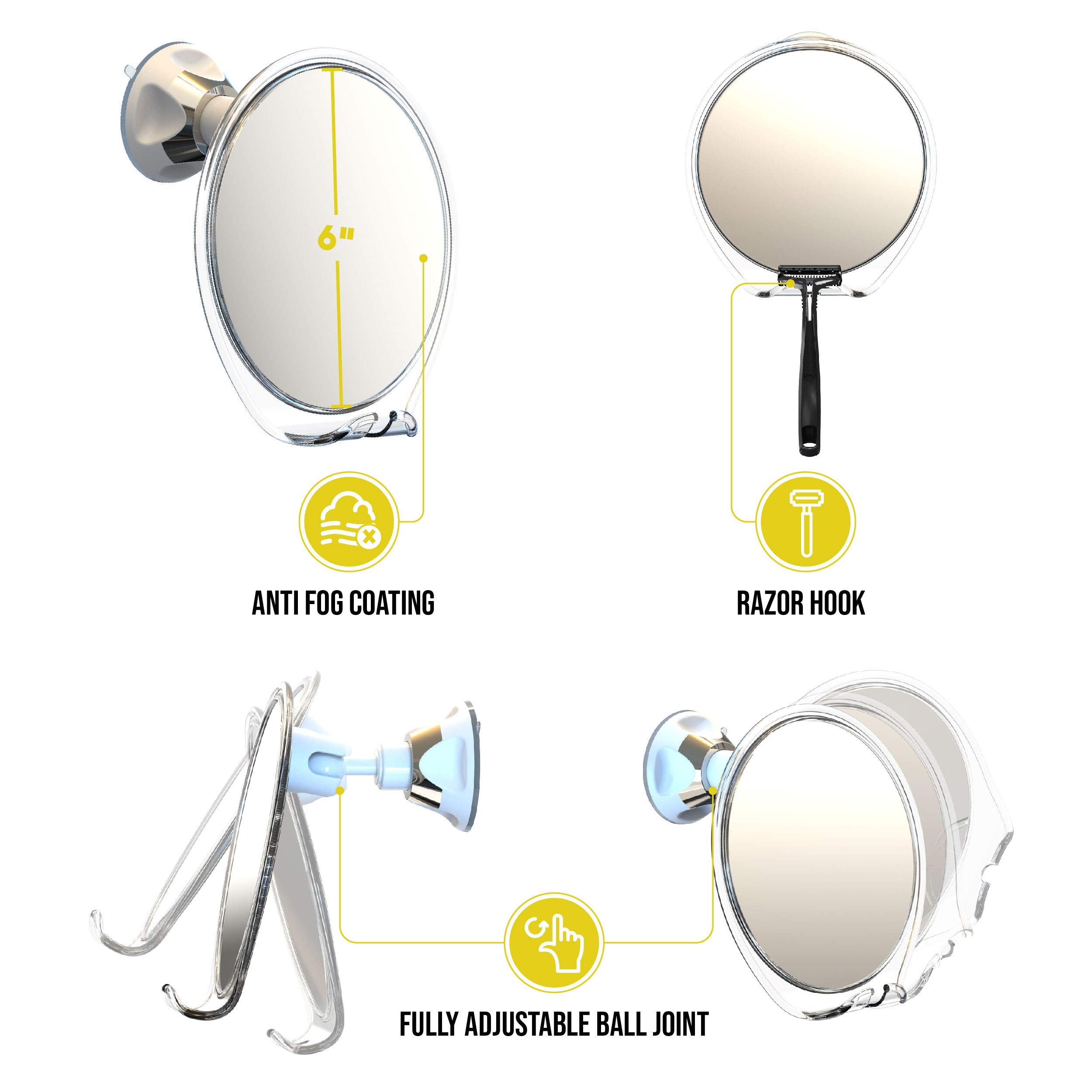 Luxo Fog-Free Shower Mirror with Razor Holder & Strong Suction Cup - Shatterproof Anti-Fog Bathroom Mirror for Shaving, Grooming & Tweezing - Perfect for Steam Showers, Travel & Small Spaces