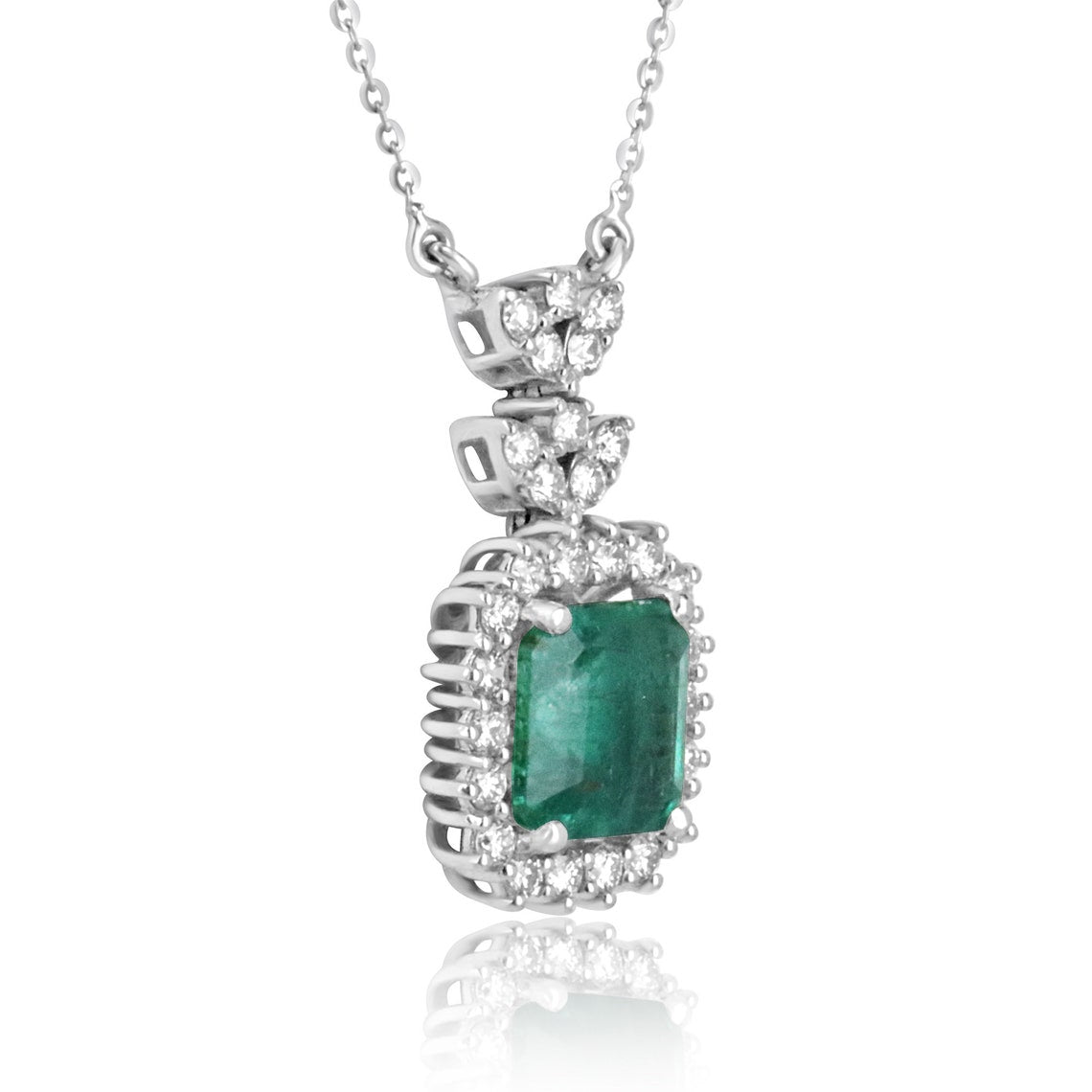 5.58tcw 18K Natural Bluish Green Emerald Asscher Cut Diamond Halo White Gold Necklace for Women | Elegant Bridal Jewelry & Special Occasion Gift