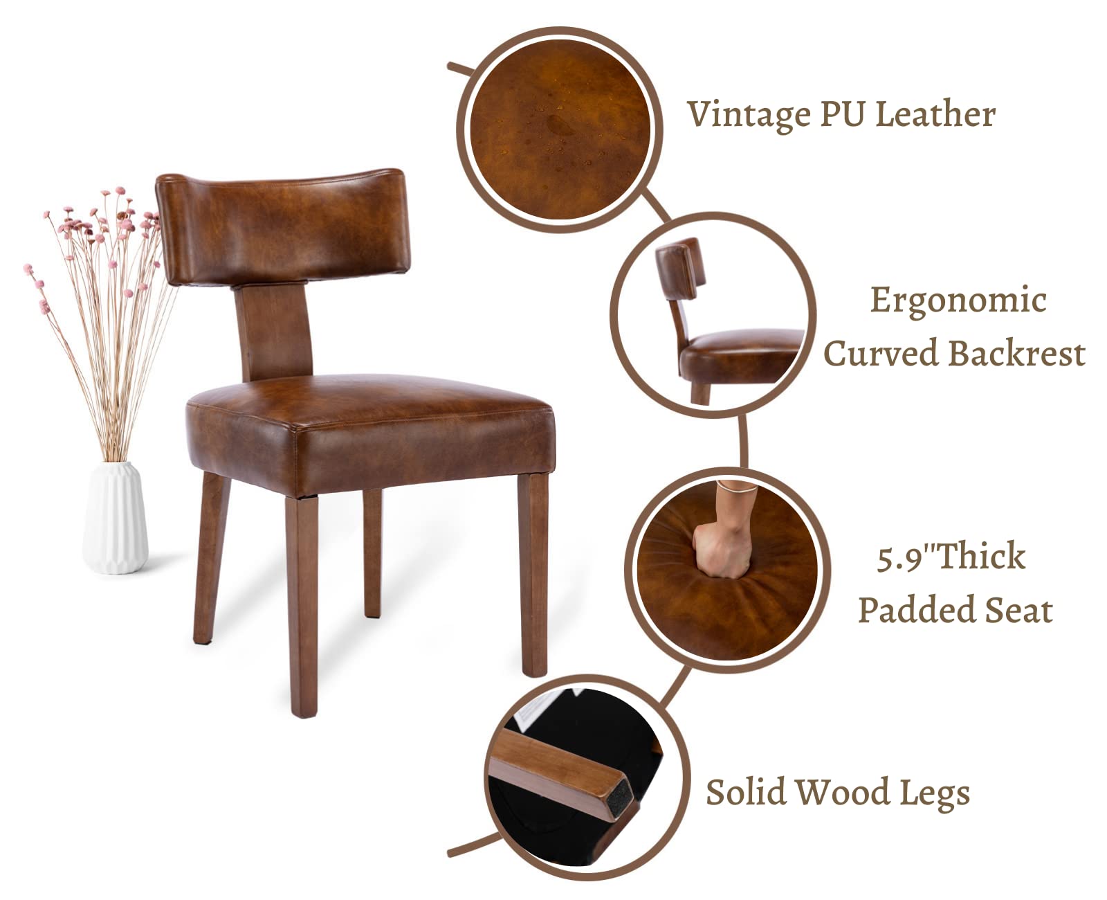 EALSON Mid Century Modern Dining Chairs Set of 2 - Brown Leather Upholstered Kitchen Chairs with Sturdy Wood Legs & Curved Back - Farmhouse Style Accent Chairs for Dining Room, Living Room & Kitchen | Perfect for Home Decor, Family Gatherings & Dinner Parties