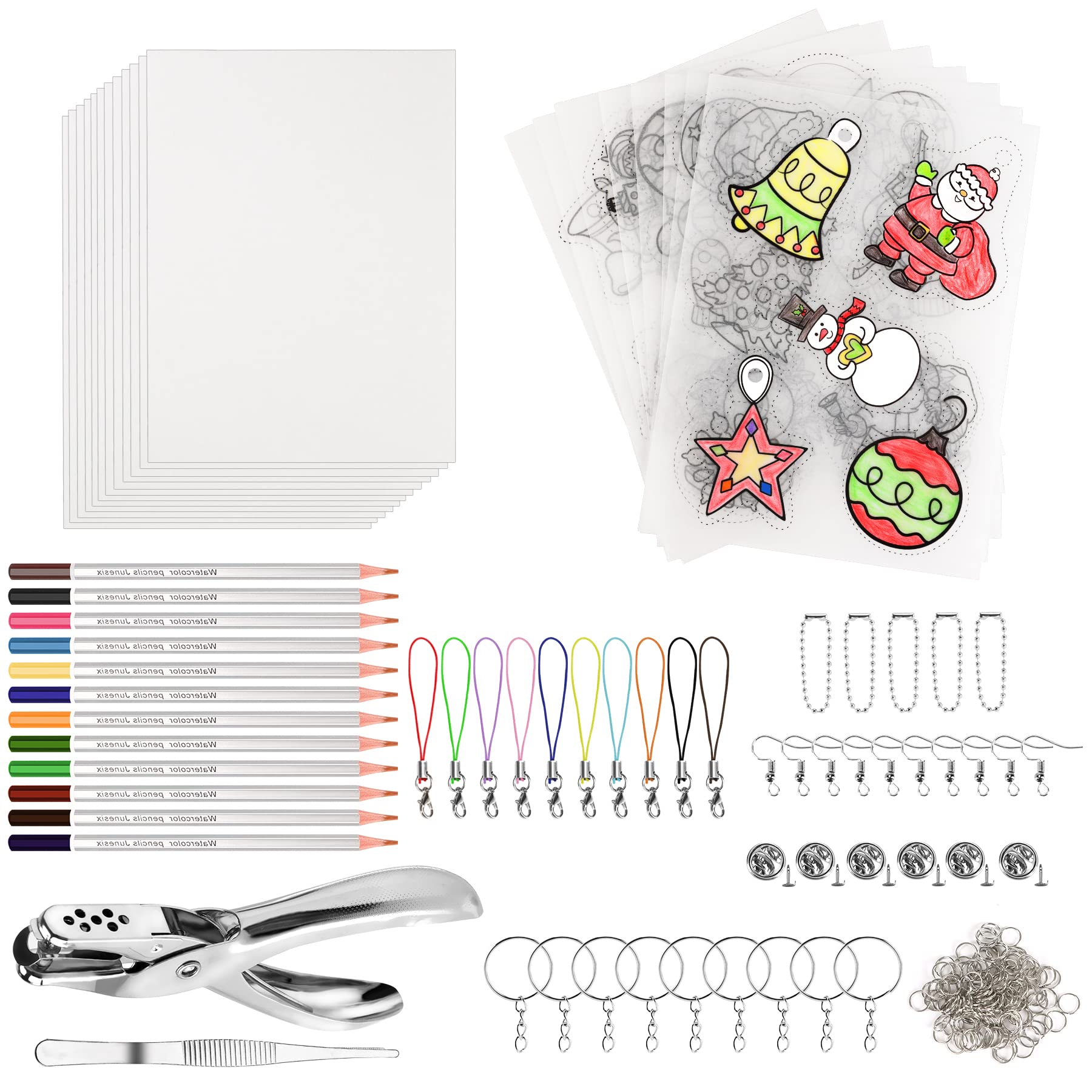 NOVWANG 198-Piece Heat Shrink Plastic Sheet Kit with 28 Shrinky Papers, Hole Punch, Keychain Accessories & Pencils - DIY Art Crafts for Kids, Jewelry Making, School Projects & Creative Gifts
