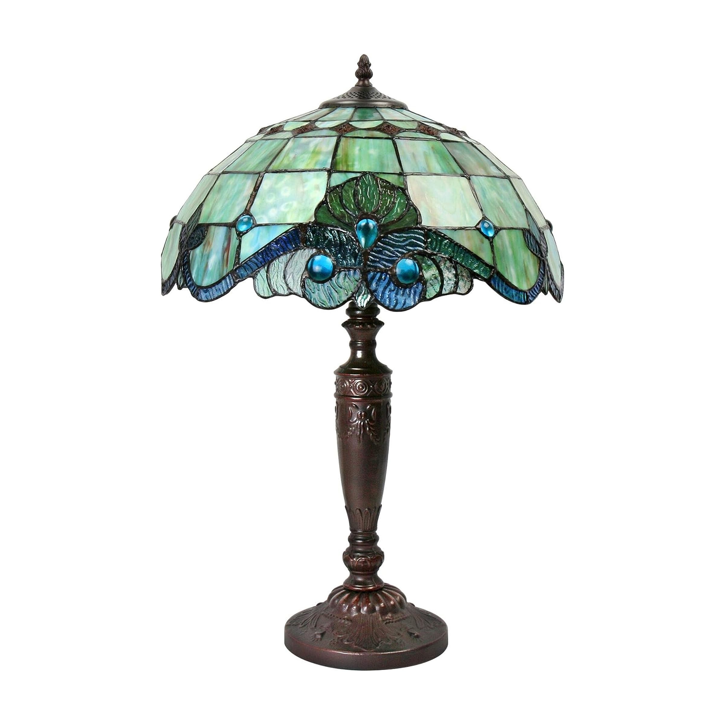 Vintage Tiffany Table Lamp - Serena D'italia Antique Pearl Desk Lamp with Bluish-Green Stained Glass, 23-inch Tall Nightstand Light for Bedroom, Living Room & Office Decor