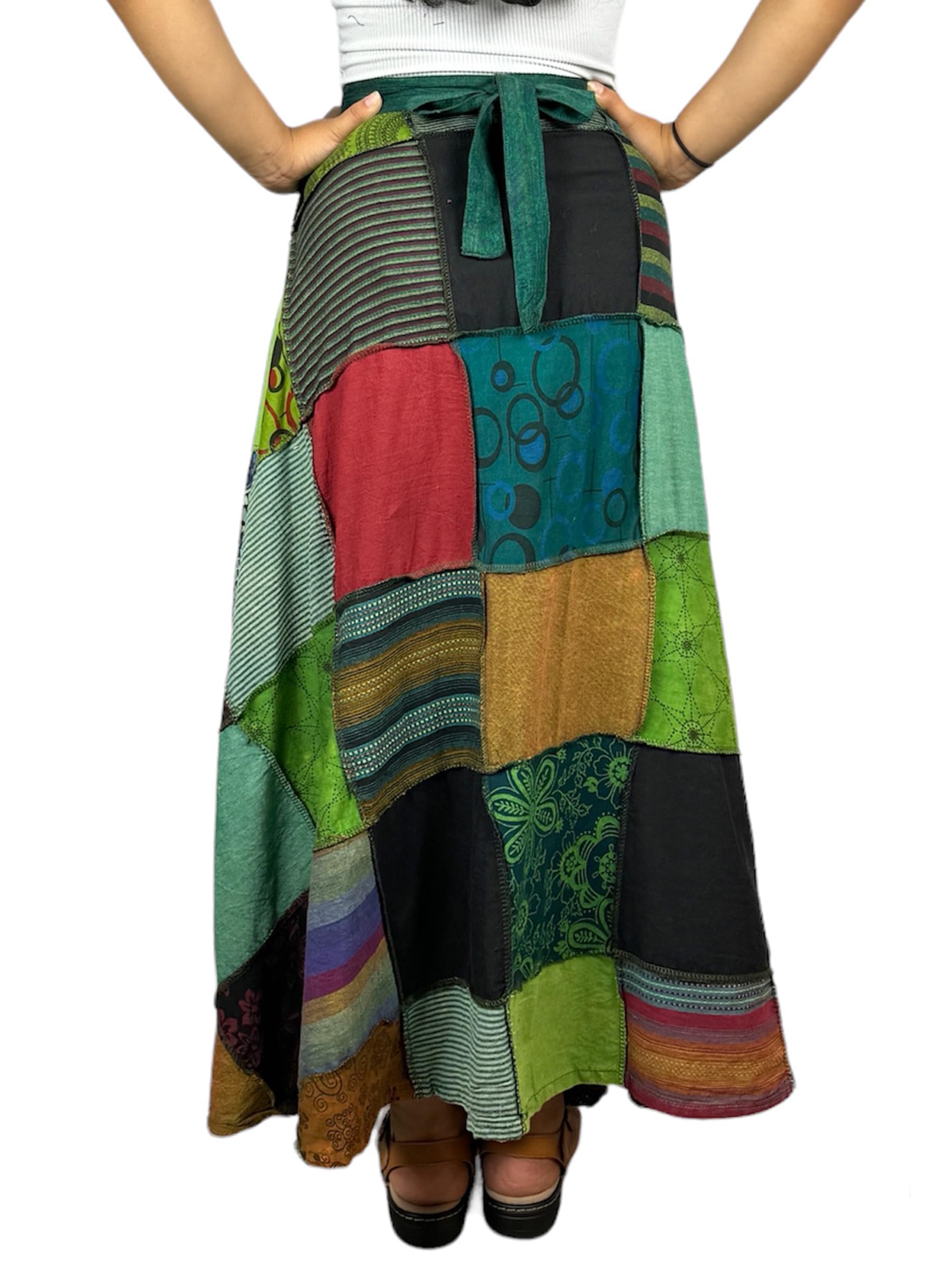 Agan Traders Women's 2025 Spring & Fall Boho Maxi Skirt - High Waisted Long Skirt with Patchwork & Tie-Up Design, Bohemian Wrap Cover Up for Casual Outings, Beach Vacations & Music Festivals