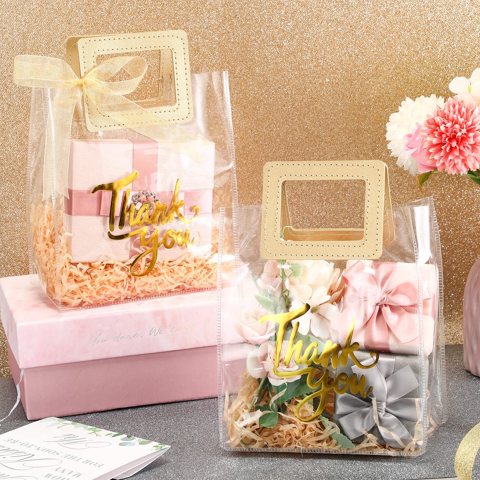 Sabary 12 Pack Clear PVC Gift Bags with Handles - 7x4x8 Inch Reusable Heavy Duty Transparent Tote Bags for Thank You Gifts, Bridal Showers, Baby Showers, Weddings & Birthdays (Gold) - Perfect for Party Favors, Retail Packaging & Event Decorations