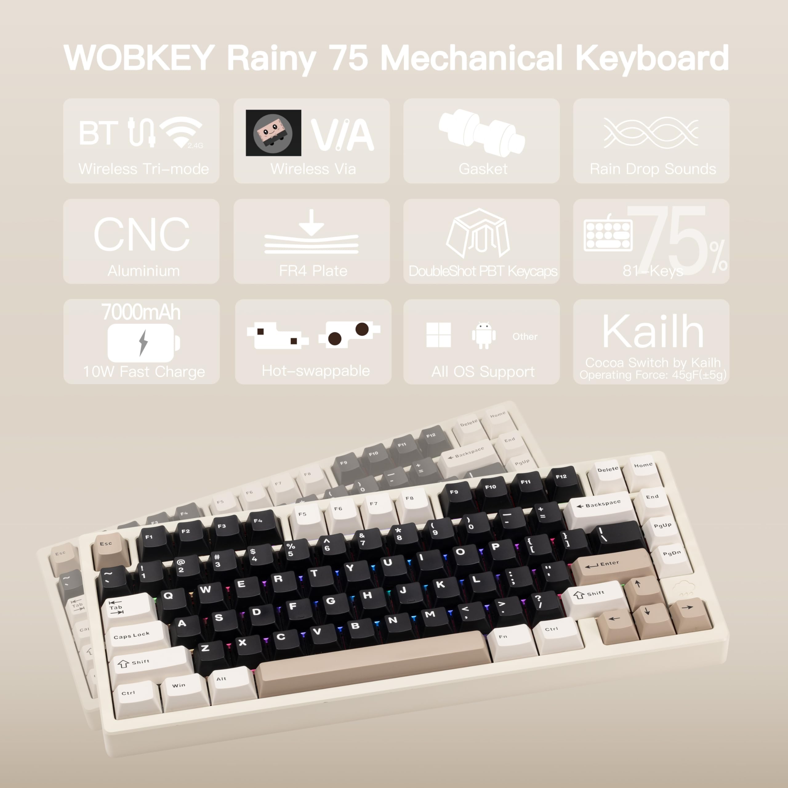 WOBKEY Rainy 75 CNC Aluminum Mechanical Keyboard - Triple Mode (Wireless/Bluetooth/USB-C) with HMX/JWK/Cocoa Switches, RGB Backlit, FR4 Plate, 7000mAh Battery - Premium Gaming & Office Keyboard for Typing, Programming & Esports (Pro - White)