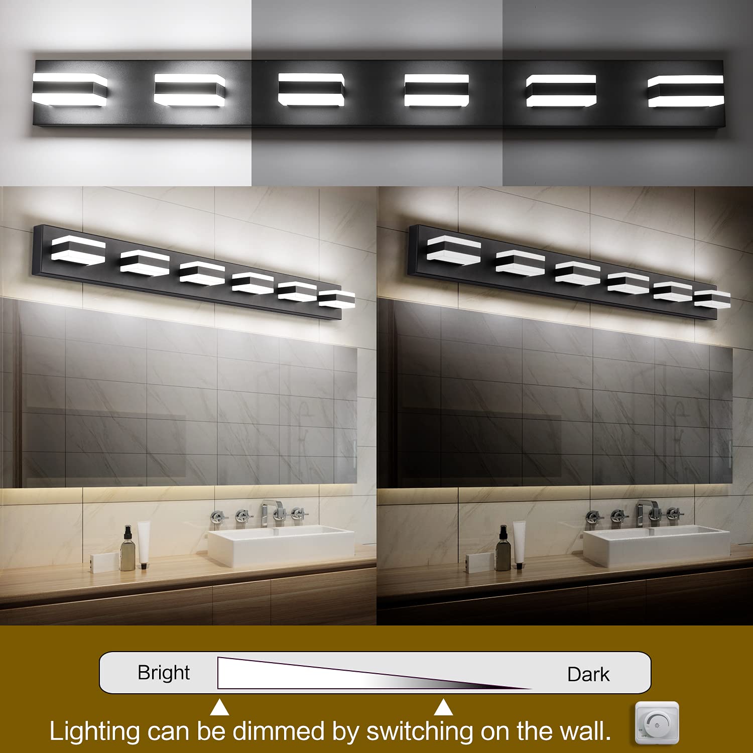 SOLFART Modern LED Dimmable Bathroom Vanity Light - 6-Light Matt Black Acrylic Fixture for Mirror Lighting | Perfect for Bathroom Makeup, Shaving & Grooming