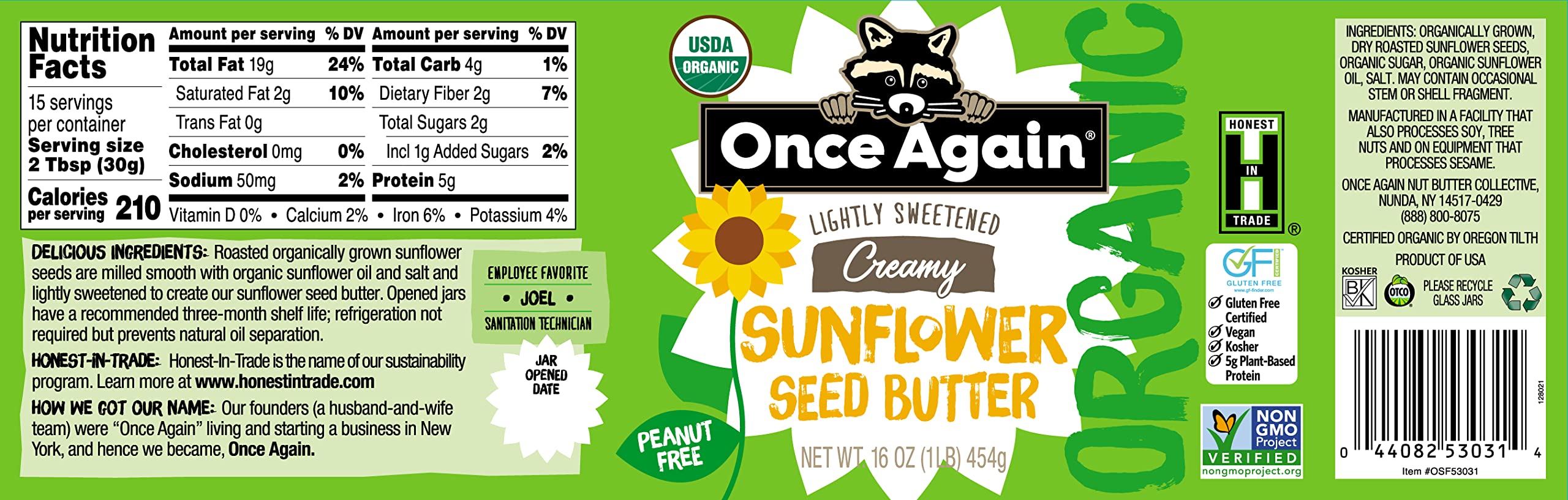Once Again Organic Crunchy Peanut Butter, 16oz - Lightly Salted, Unsweetened, USDA Organic, Gluten Free, Vegan, Kosher - Healthy Snack for Sandwiches, Smoothies & Baking - Case of 12 Glass Jars
