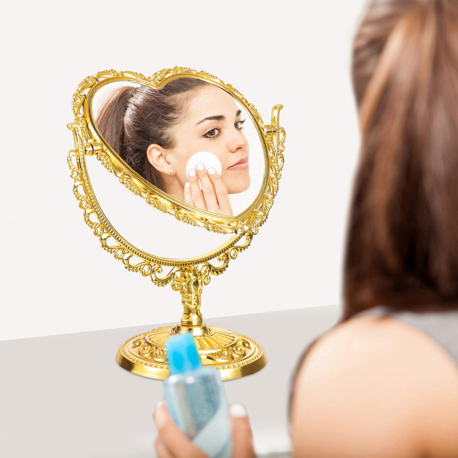 Beaupretty Coquette Heart-Shaped Vanity Mirror - 360° Rotating Two-Sided Tabletop Makeup Mirror with Stand, Retro Gold Cosmetic Mirror for Dressing Table & Bedroom Decor