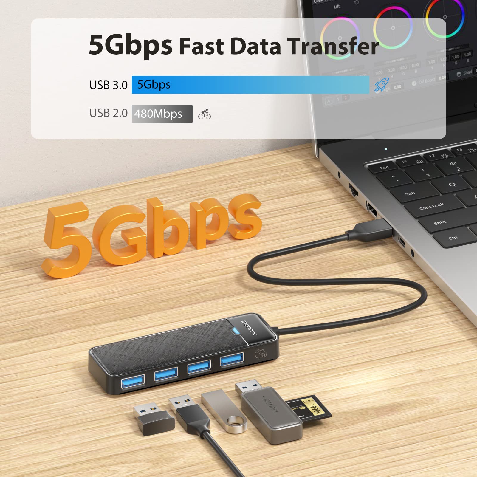 4-Port USB 3.0 Hub Ultra Slim - High Speed Data Transfer USB Splitter & Multiport Adapter for Laptop, PC, MacBook - Perfect for Office, Home & Travel Use with Flash Drives & External Hard Drives