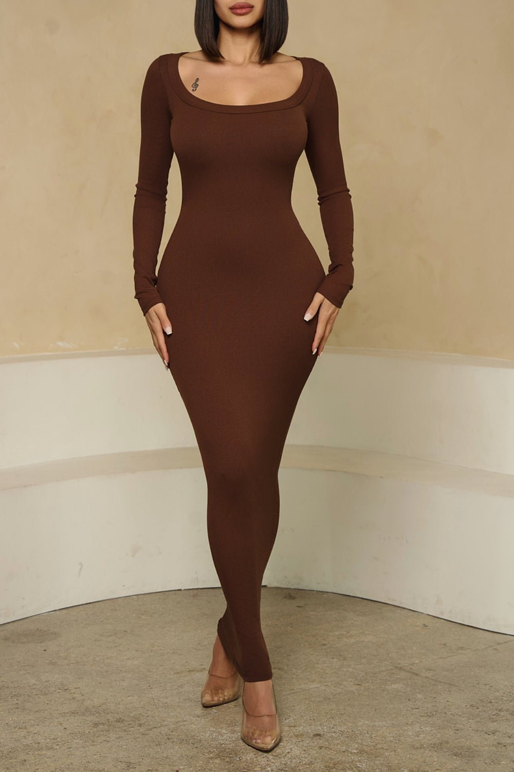 HMS Skins Chocolate Baby Rib Long Sleeve Maxi Dress for Women - Elegant Maternity & Nursing Dress for Pregnancy, Breastfeeding & Special Occasions