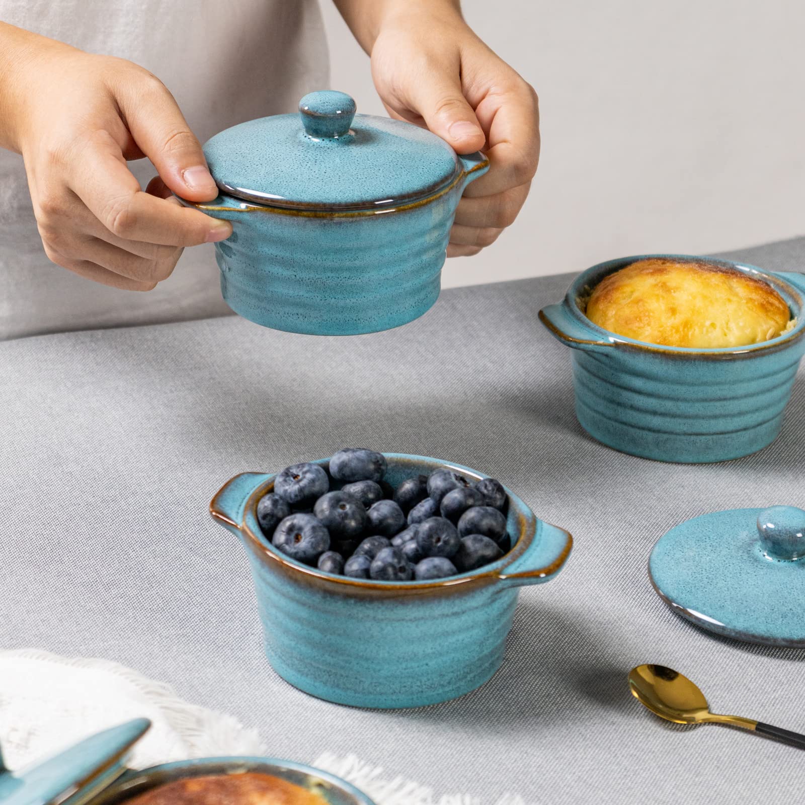 8 oz Creme Brulee Ramekins with Lids - Oven Safe Ceramic Bowls for French Onion Soup, Souffle & Pot Pie - Set of 4 Mini Covered Casserole Dishes in Reactive Blue | Perfect for Baking, Serving & Entertaining
