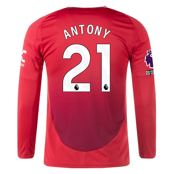 adidas Manchester United Antony 2024/25 Home Long Sleeve Jersey - Official EPL Soccer Shirt with No Room For Racism Patches (Red) - Perfect for Match Days, Fan Events & Soccer Training