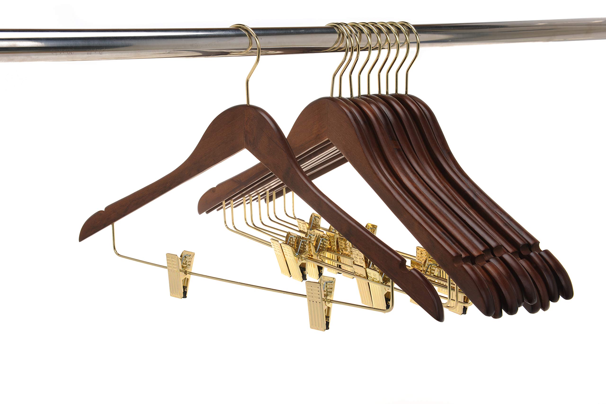 Premium Wooden Skirt Hangers with Clips - 10-Pack Smooth Solid Wood Pants Hangers with Adjustable Metal Clips & Swivel Hook for Coats, Jackets, Blouses & Suits (Walnut - Gold Hook) - Perfect for Closet Organization & Garment Protection