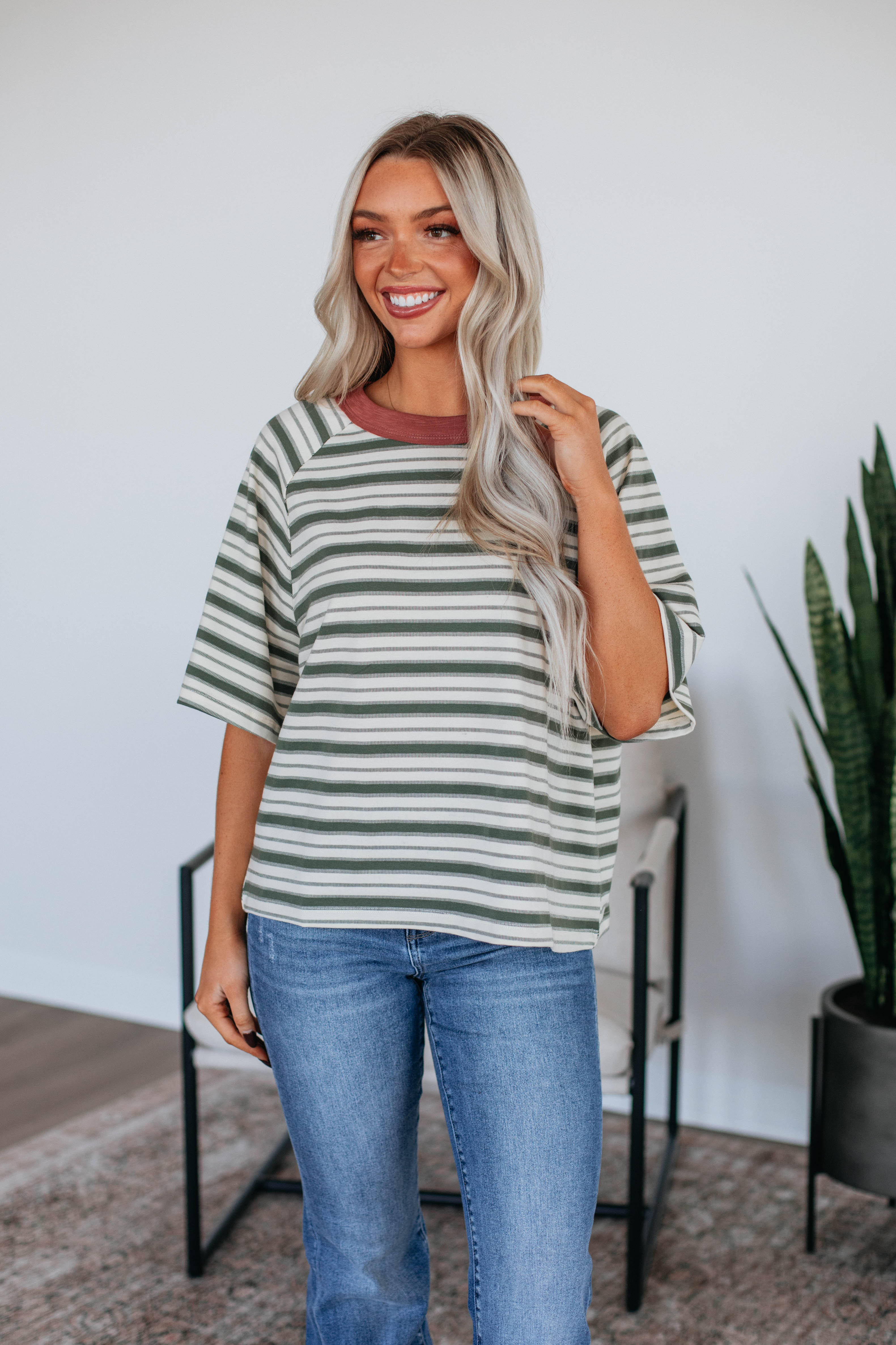 Lansen Women's Striped T-Shirt - Olive Green Casual Short Sleeve Top for Everyday Wear & Summer Outfits