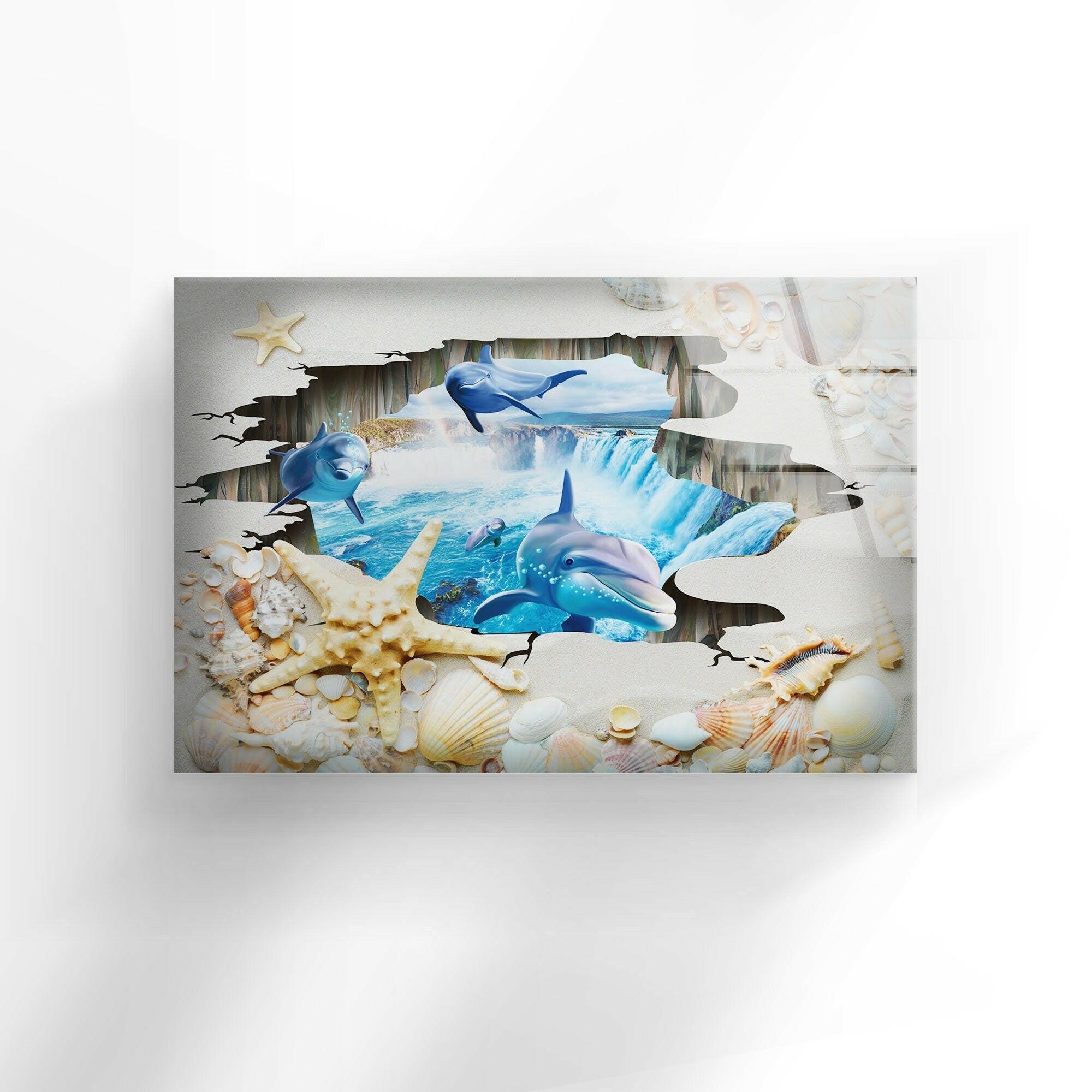 3D Dolphins Glass Wall Art - Ocean Themed Home Decor for Living Room, Bedroom & Office - Stunning Handmade Sea Life Mural with LED Backlighting