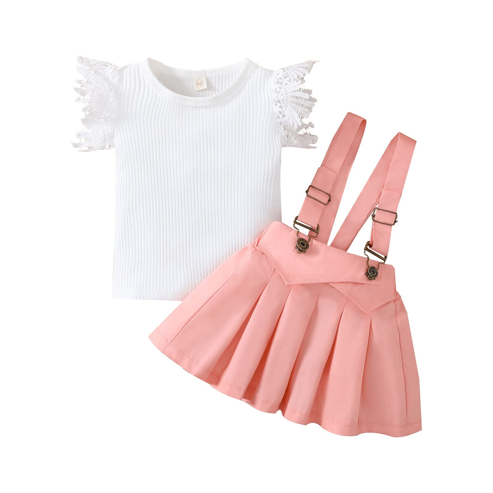 Toddler Girls Pink Lace Ruffles T-Shirt & Suspenders Skirt Outfit Set - Ribbed Cotton Top with Fly Sleeves - Valentine's Day Gift for Baby Girl (12-18 Months) - Perfect for Photoshoots, Birthday Parties & Special Occasions