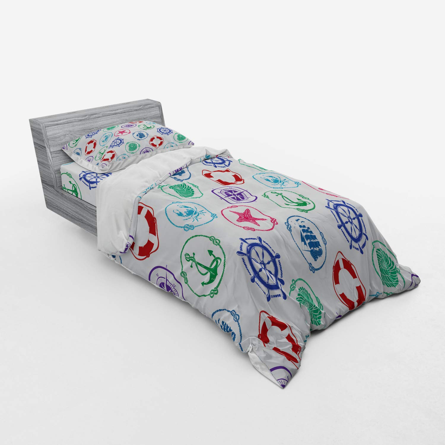 Ambesonne Nautical Bedding Set - Marine Themed Duvet Cover with Anchor, Wheel, Compass & Sea Life Prints, 3-Piece Twin XL Size in Green & Red | Perfect for Coastal, Beach House & Sailor Themed Bedrooms