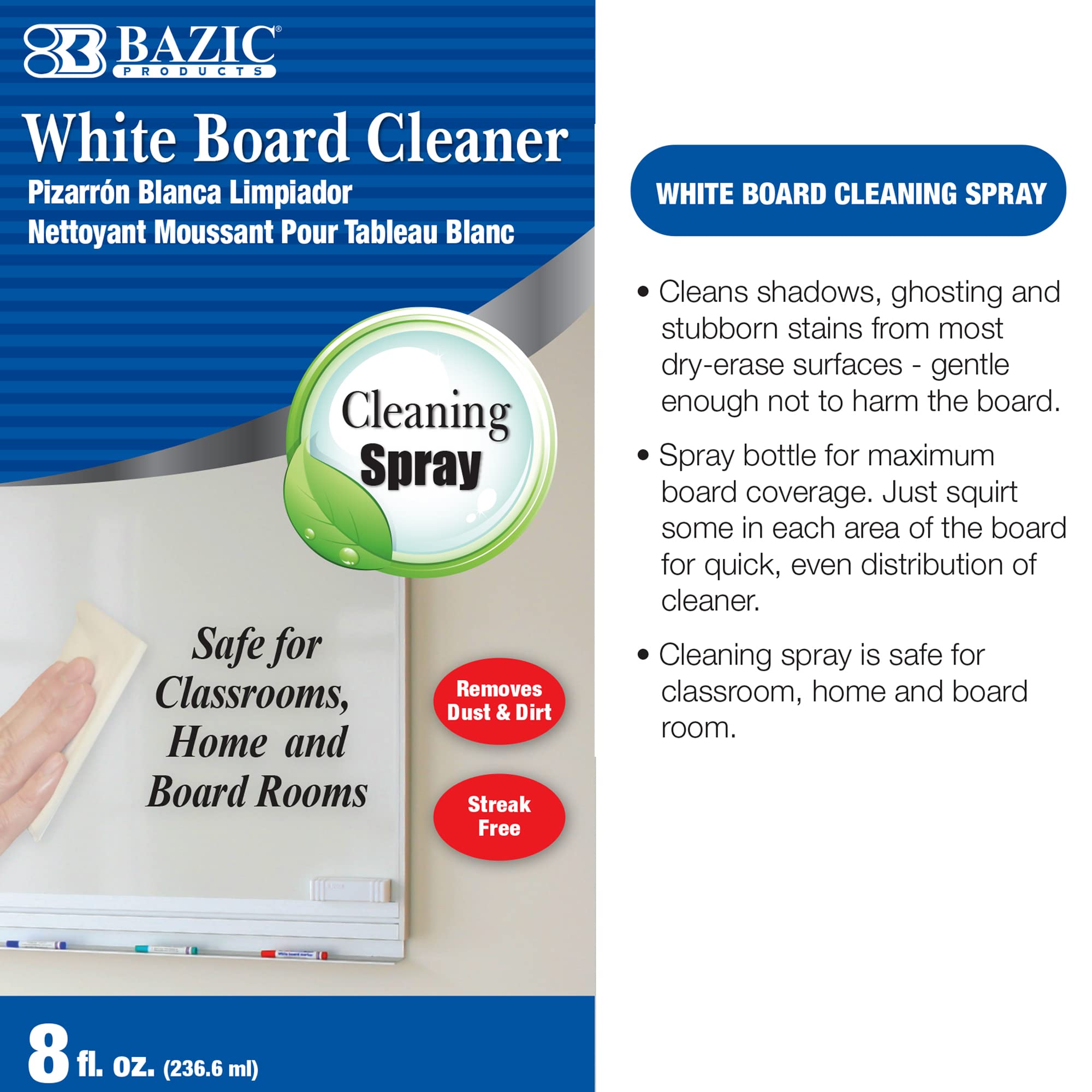 BAZIC 8Oz Whiteboard Cleaner Spray - Low-Odor Dry Erase Board Liquid Cleaner (48-Pack) for Office, Classroom & Home Use - Removes Marker Stains Effectively