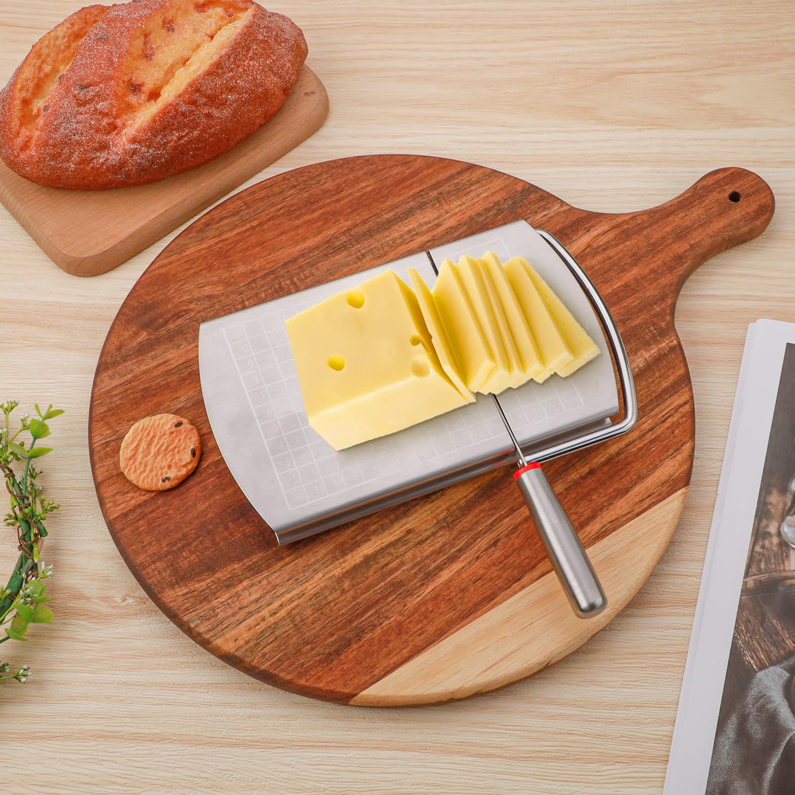 Premium Stainless Steel Cheese Slicer & Cutter Board with Sharp Blade - Multi-Purpose Food Slicer for Cheese, Butter, Sausage, Ham - Includes Measurement Scale for Precise Cuts - Perfect for Kitchen, Charcuterie Boards & Party Platters