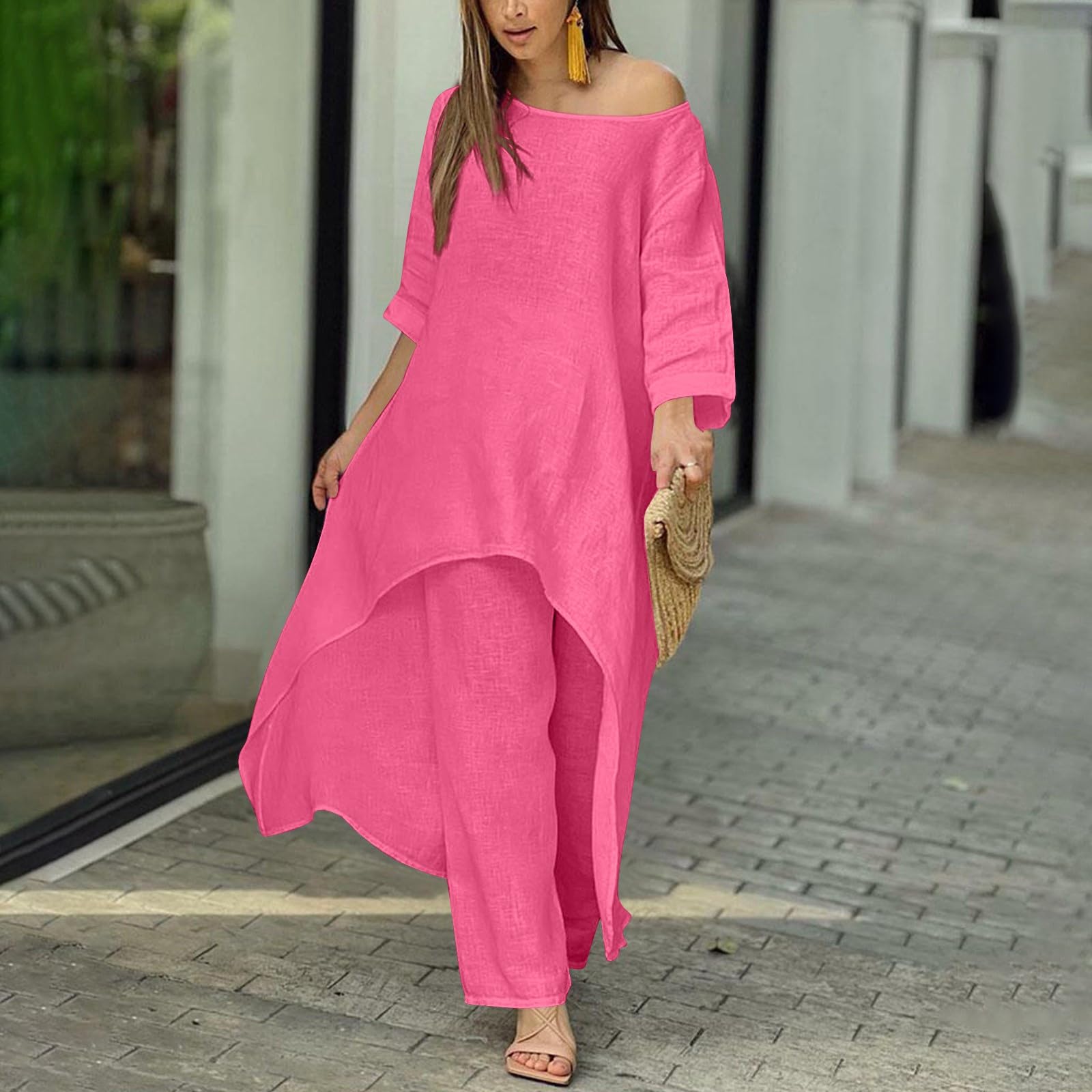 **Women's 2-Piece Cotton Linen Legging Set - Crew Neck Long Shirt Dress & Lounge Pants Outfit - Solid Casual Pants Suits for Fall | Perfect for Work, Travel & Relaxation**