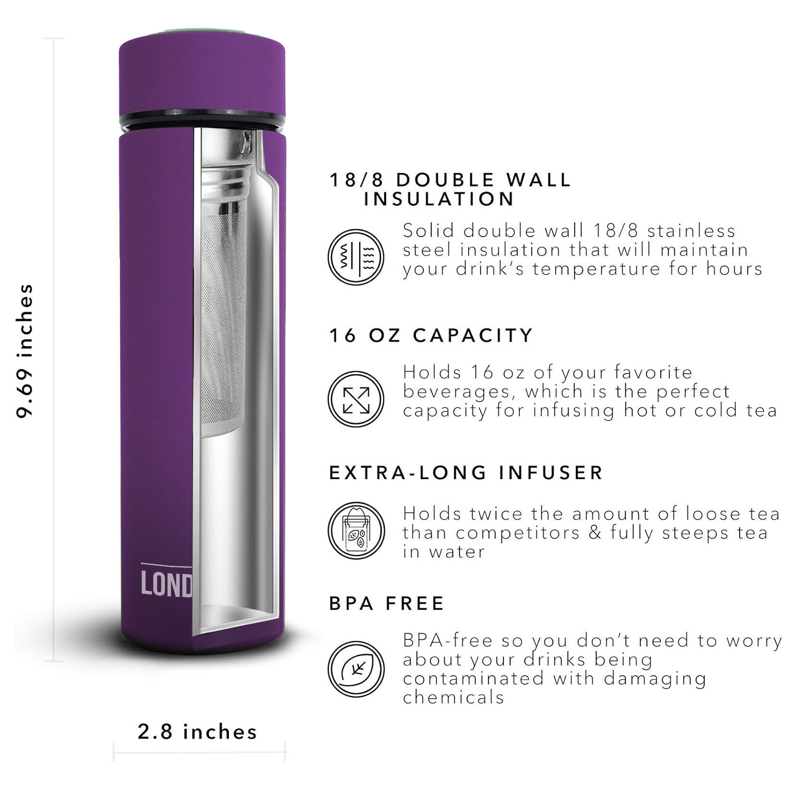 16oz Tea Infuser Bottle - Leak-Proof & BPA-Free for Hot/Cold Brewing - Perfect for Iced Tea, Loose Leaf Tea & Herbal Tea on the Go