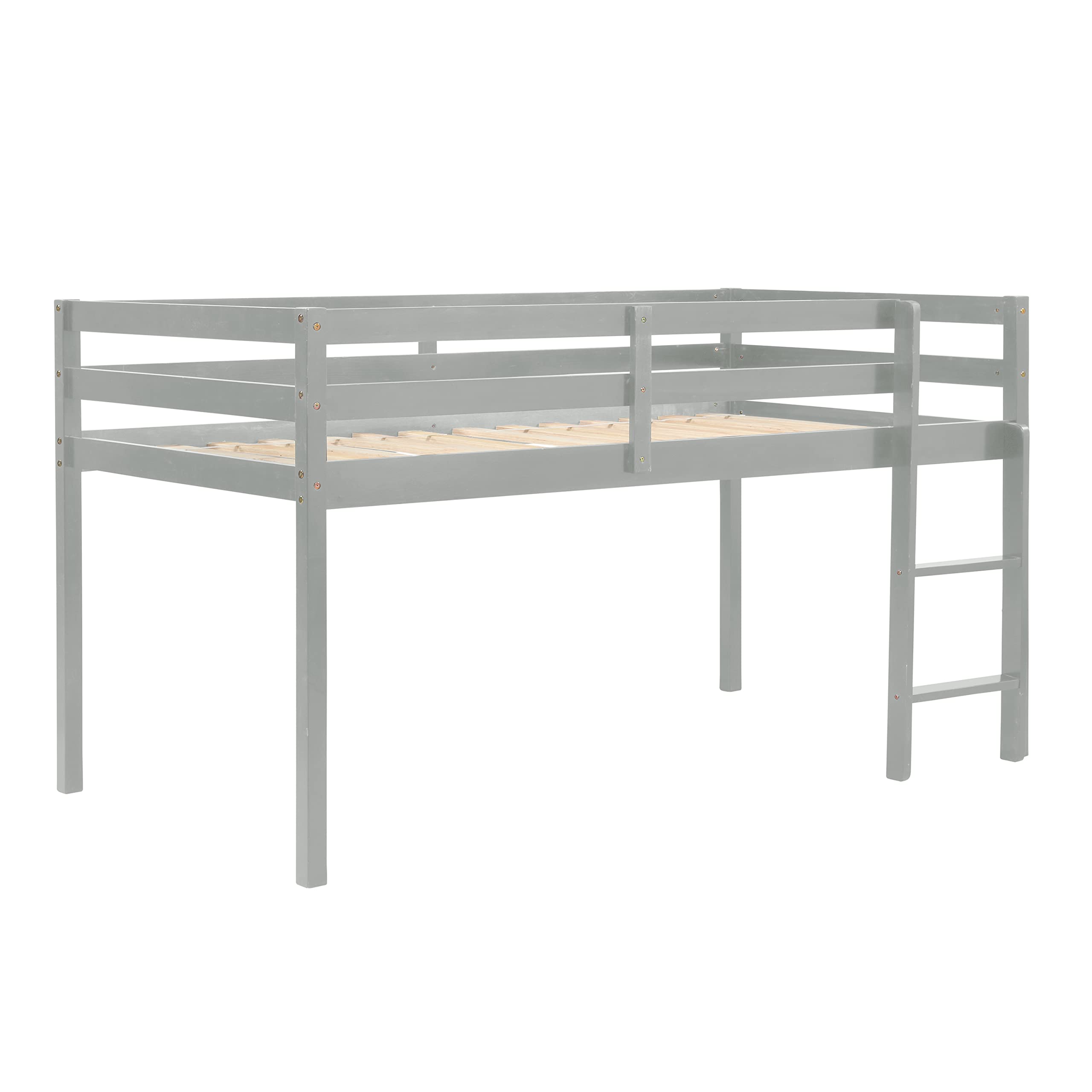**Solid Wood Twin Loft Bed for Kids with Ladder & Guard Rail - Sturdy Low Bunk Bed Frame for Boys & Girls - No Box Spring Needed - Easy Assembly (Grey) - Perfect for Small Bedrooms, Dorms & Kids' Rooms**