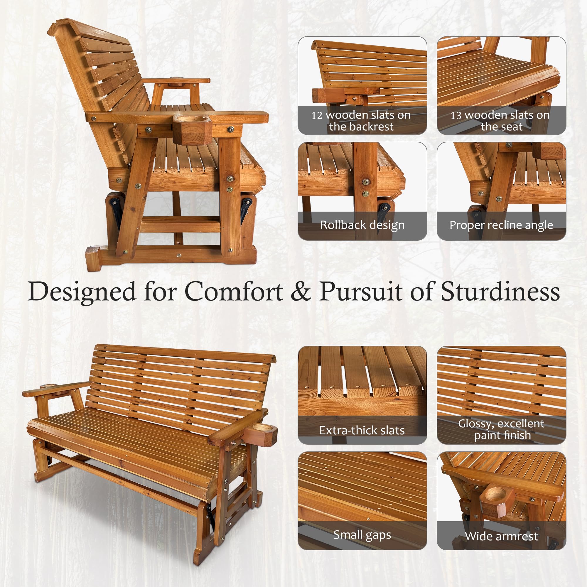 Fortune Candy 3-Seater Patio Glider with Cup Holders - High Roll Back & Deep Contoured Seat - Heavy Duty 800 lb Capacity - 5 Feet Teak Tone Outdoor Furniture - Perfect for Backyard, Garden, Deck or Poolside Relaxation