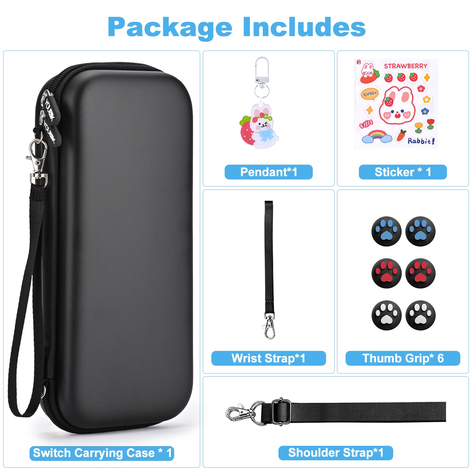 Younik 11-in-1 Nintendo Switch & Switch OLED Accessories Kit - Protective Carrying Case, Thumb Grips, Cute Stickers & Pendant for Gaming On-The-Go, Travel & Home Entertainment