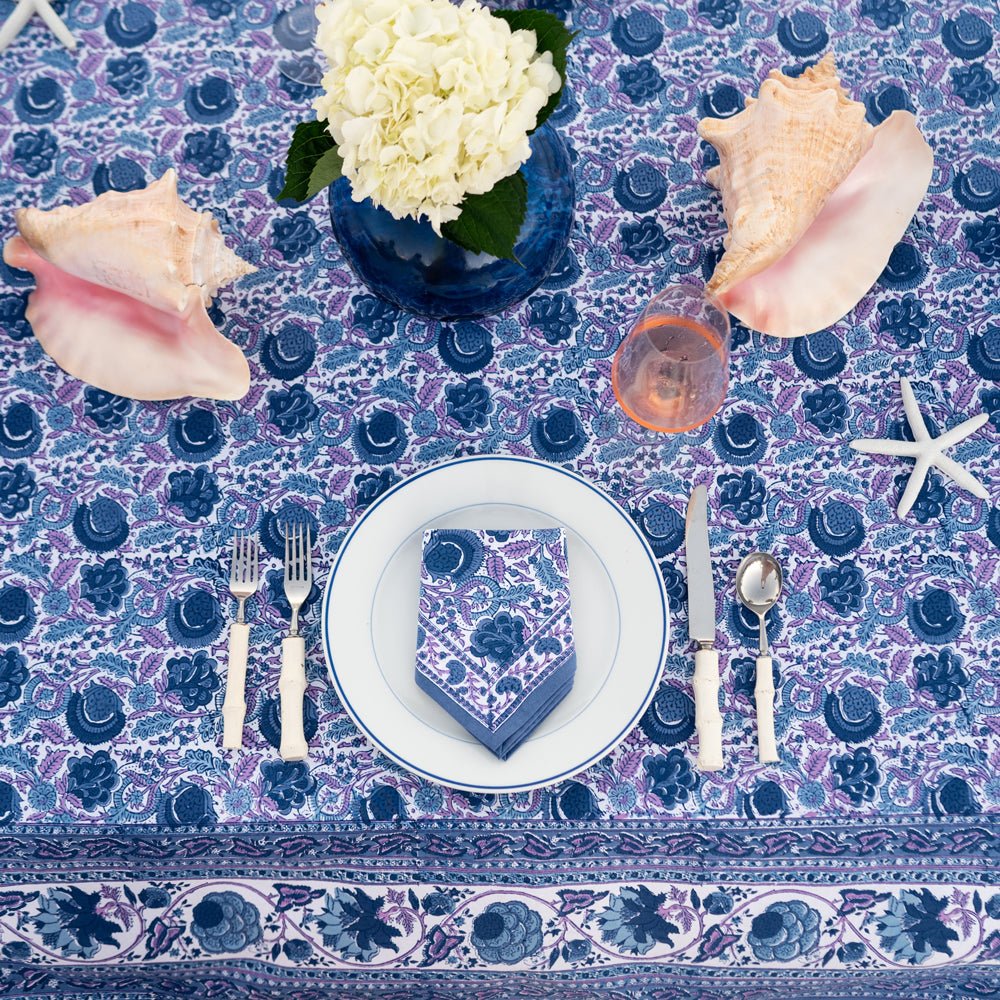 Bohemian Floral Tablecloth - Blue & Purple Cotton Fabric for Dining Table Decor, Picnics, and Outdoor Parties